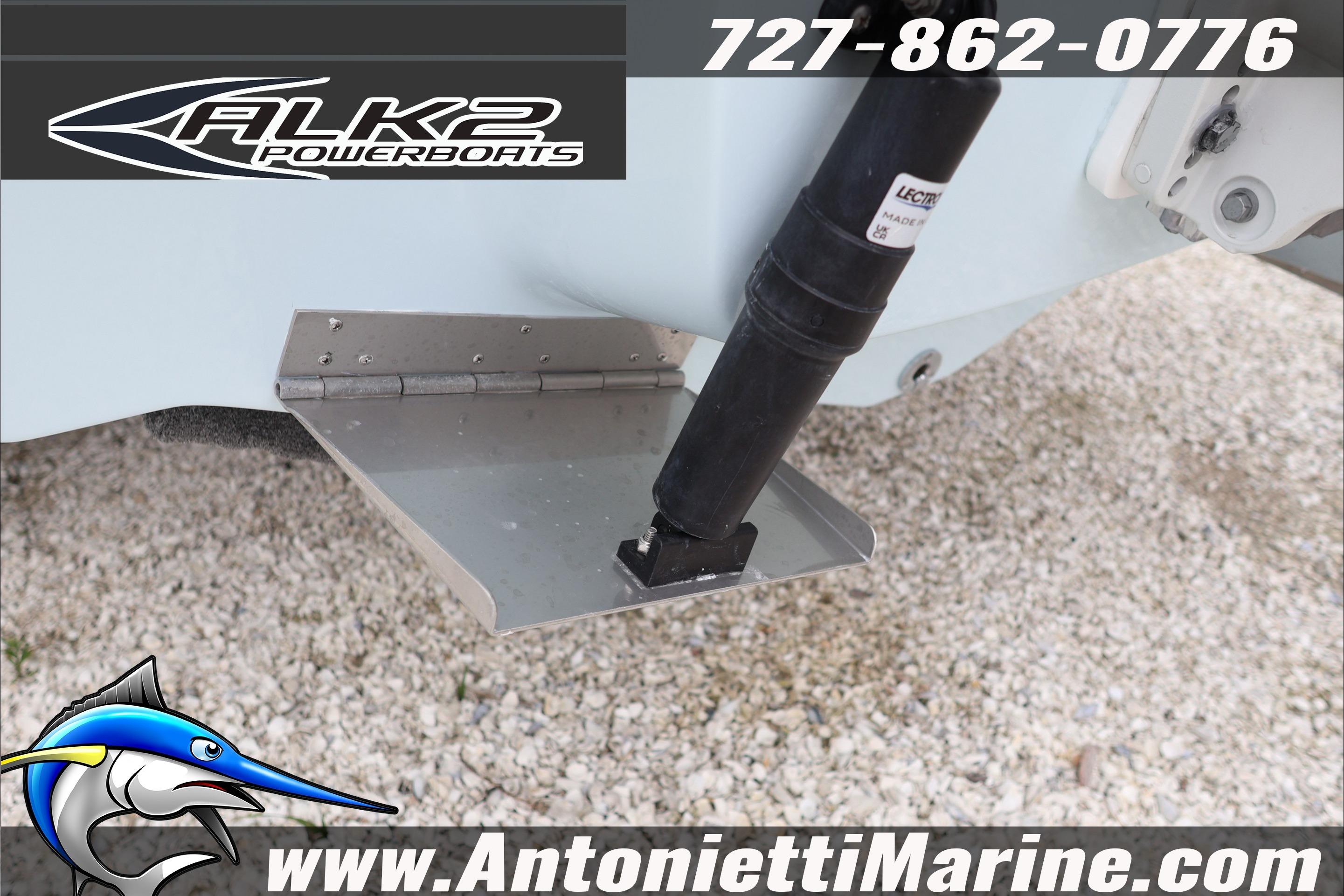2026 ALK2 Powerboats 23 CRX trim tab detail with contact information and logo.