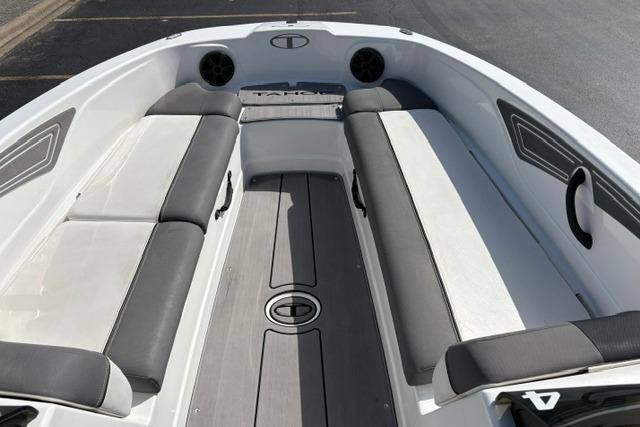 2024 Tahoe T21 boat interior with gray seating and sleek design.