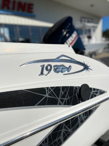 2019 Caravelle 19 EBo Bowrider boat side view with logo.