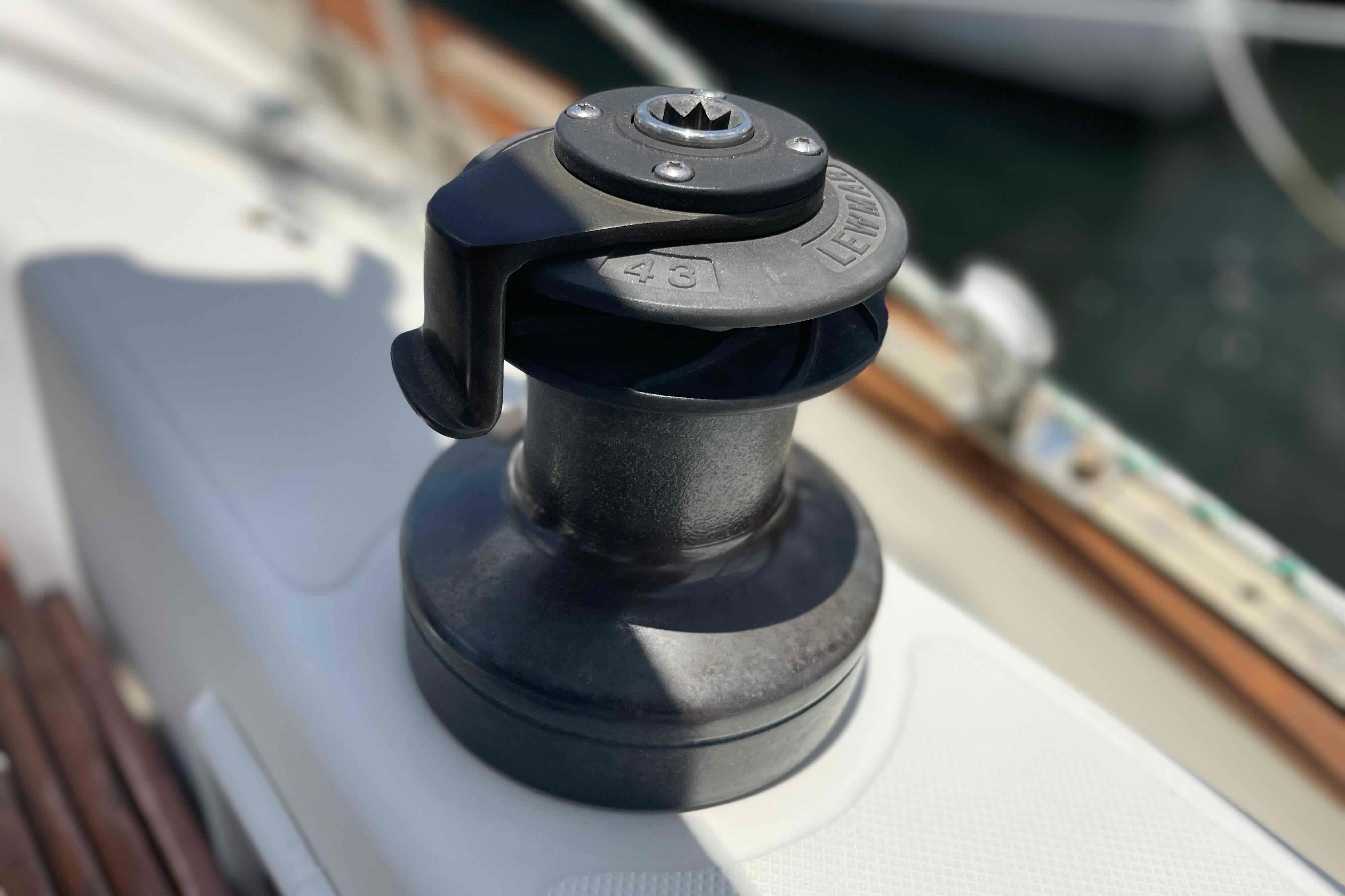 Winch on 1987 Pacific Seacraft 34 sailboat deck, close-up view.