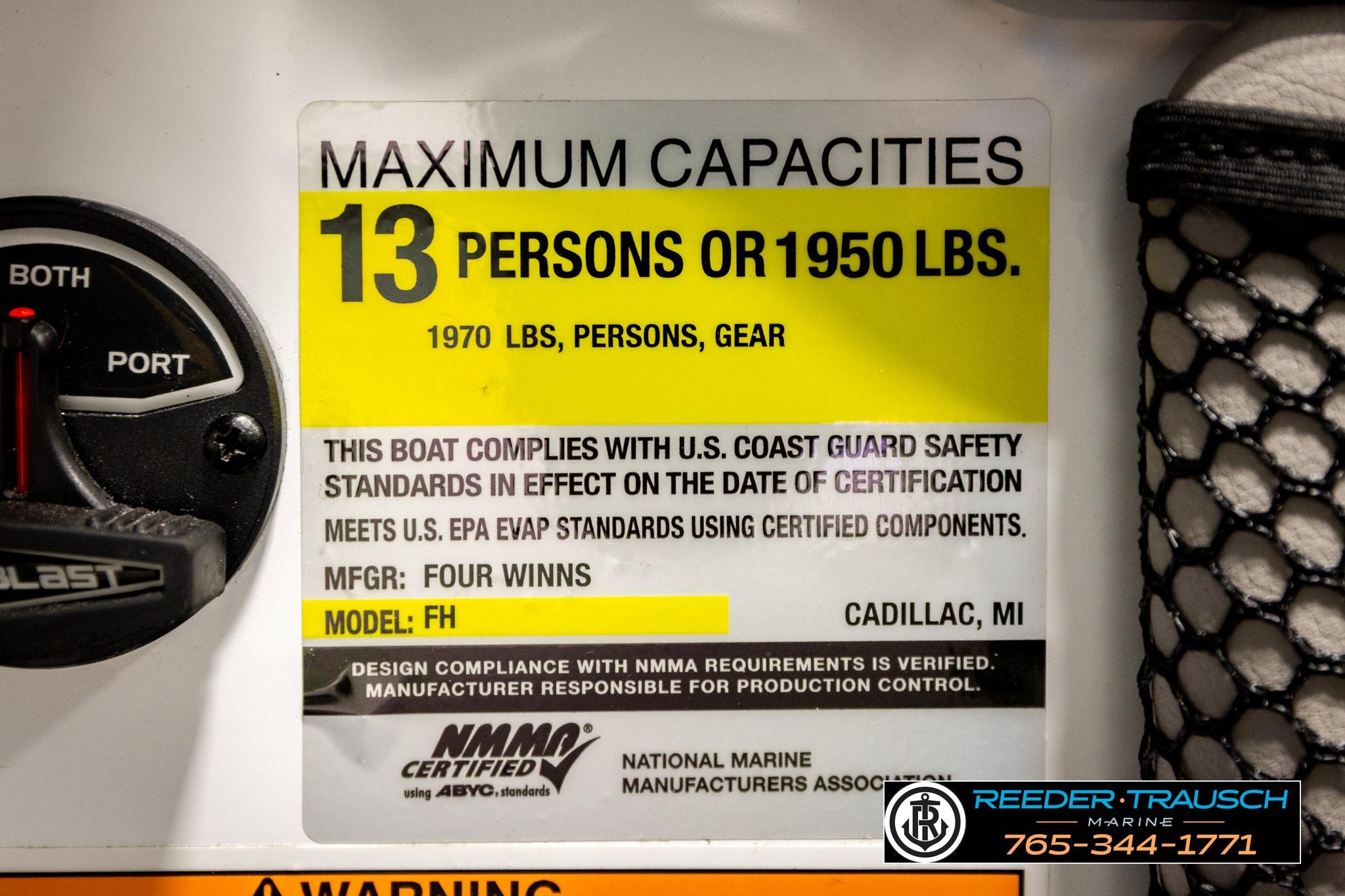 2024 FOURWINNS HD5 Surf boat capacity label, 13 persons or 1950 lbs, safety compliance.