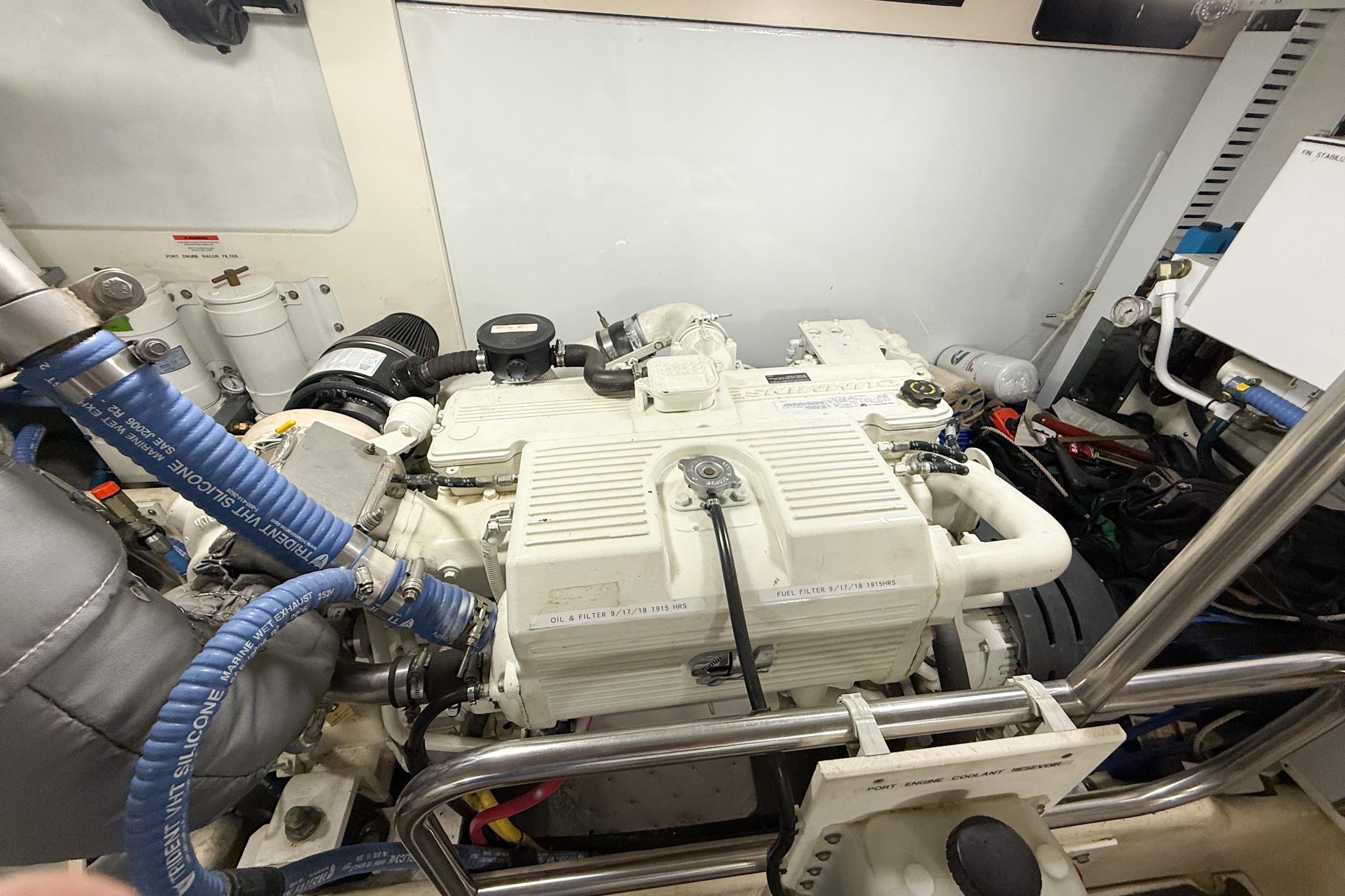 Engine room of a 2007 Nordic Tug 54, showcasing detailed machinery and components.