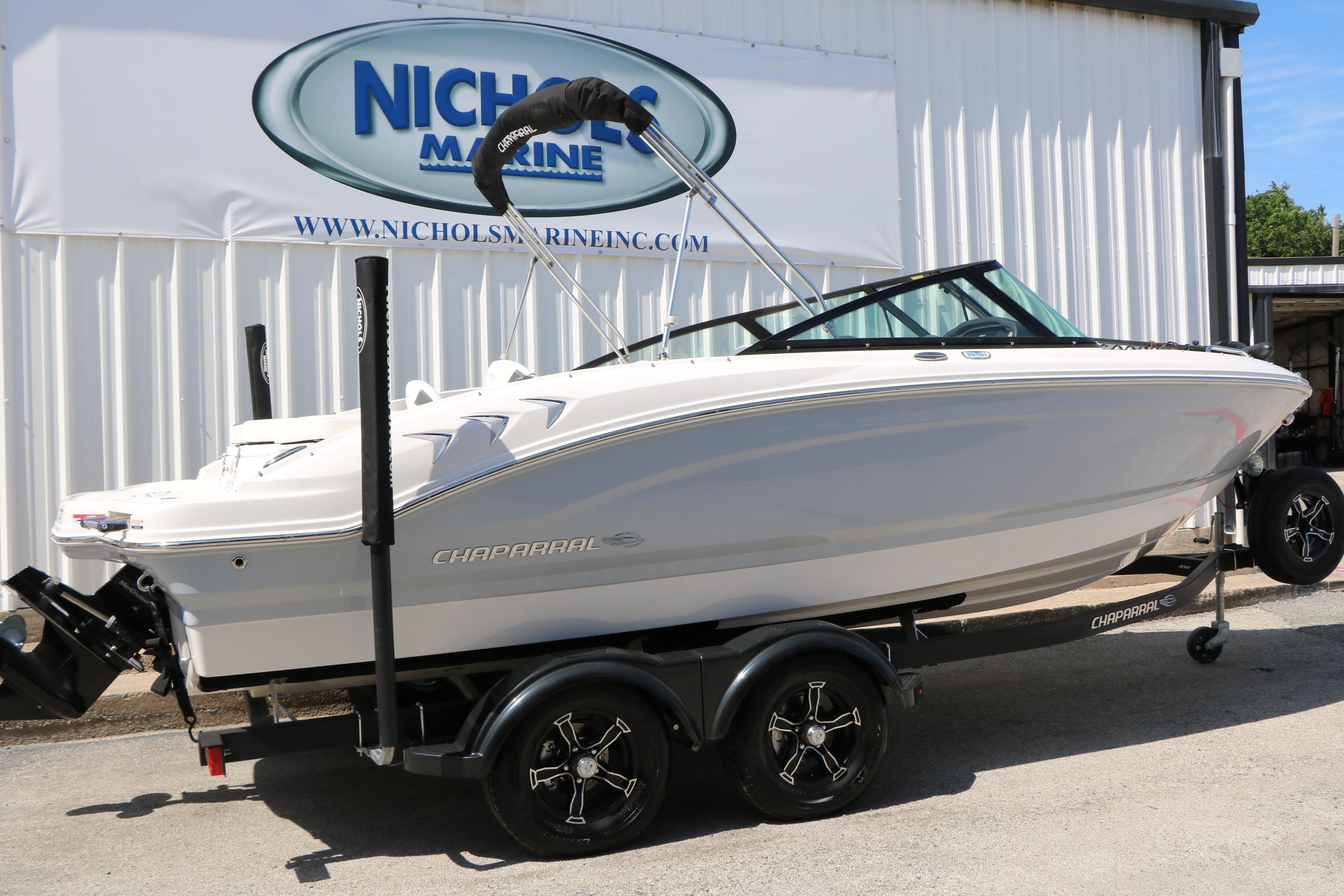 2025 Chaparral 21 SSi Ski & Fish boat on trailer at Nichols Marine.