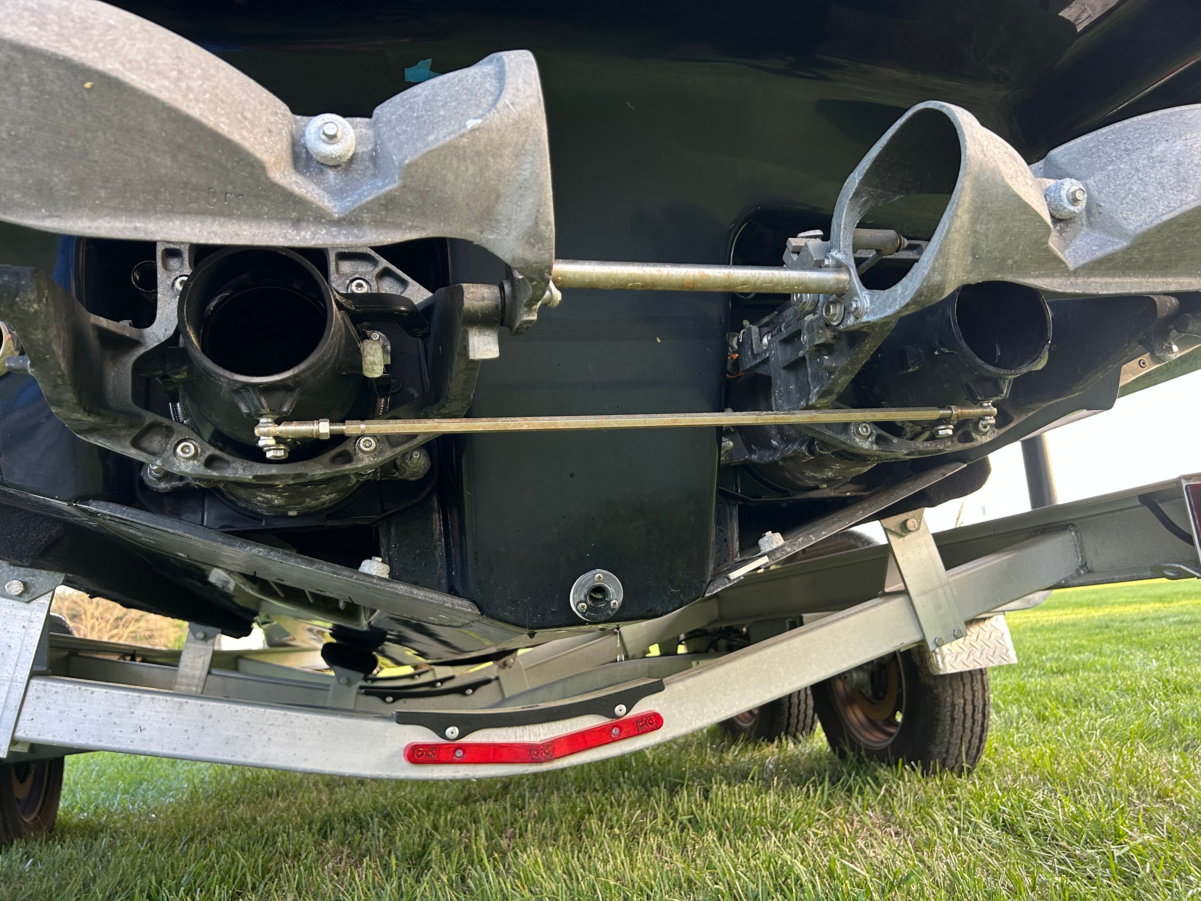 Underside of a 2015 Chaparral Vortex 243 VRX boat on a trailer.