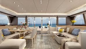Luxurious interior of 2025 Heysea Seaview 59 yacht with elegant seating and ocean view.