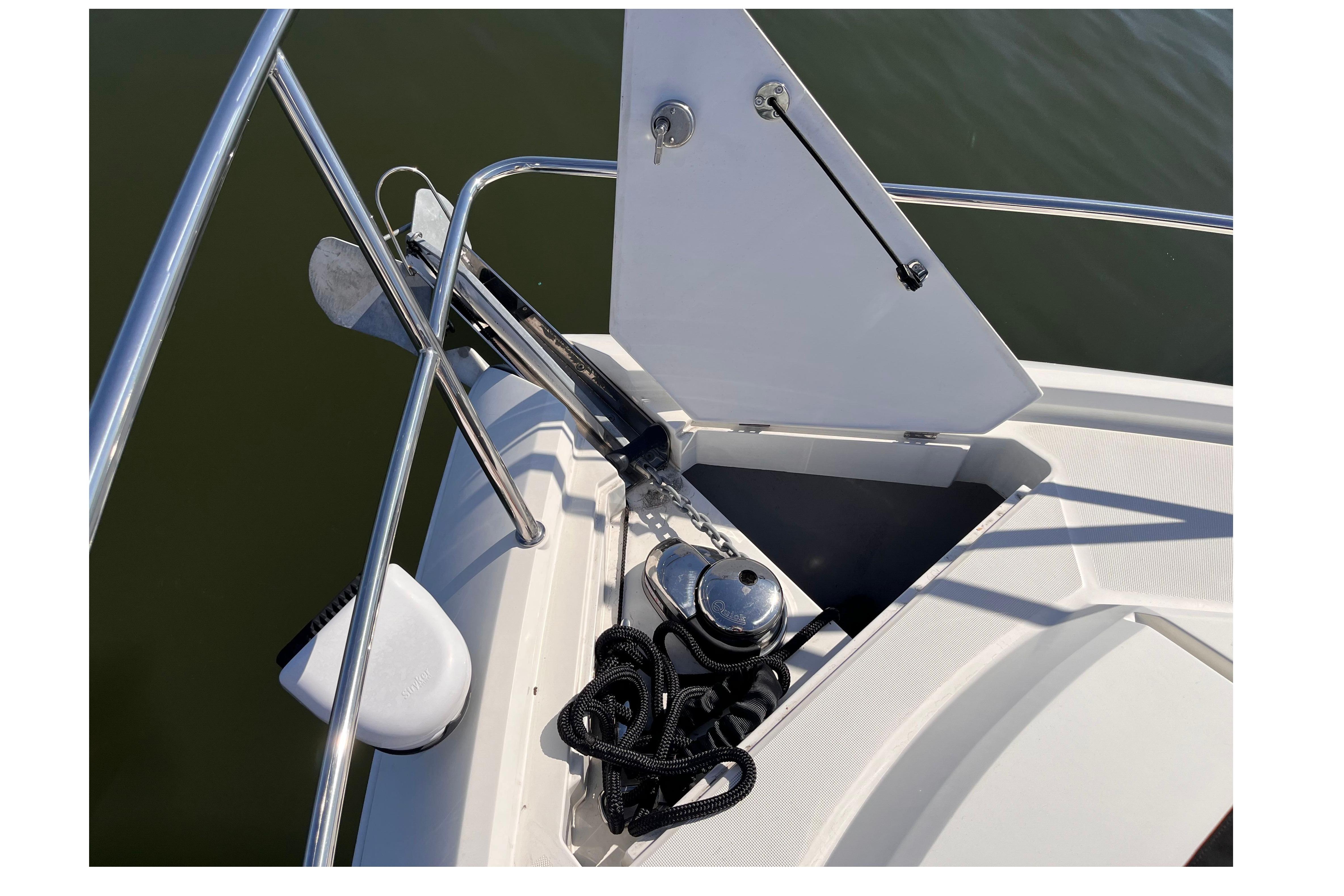 Bow anchor compartment of 2024 Galeon 425 HTS yacht with stainless steel fittings.