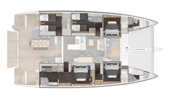2025 Lagoon 60 yacht interior layout with spacious cabins and modern amenities.