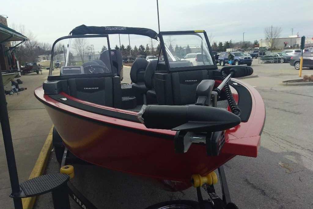 2026 Tracker Targa V-18 WT boat displayed outdoors, featuring sleek design and modern seating.