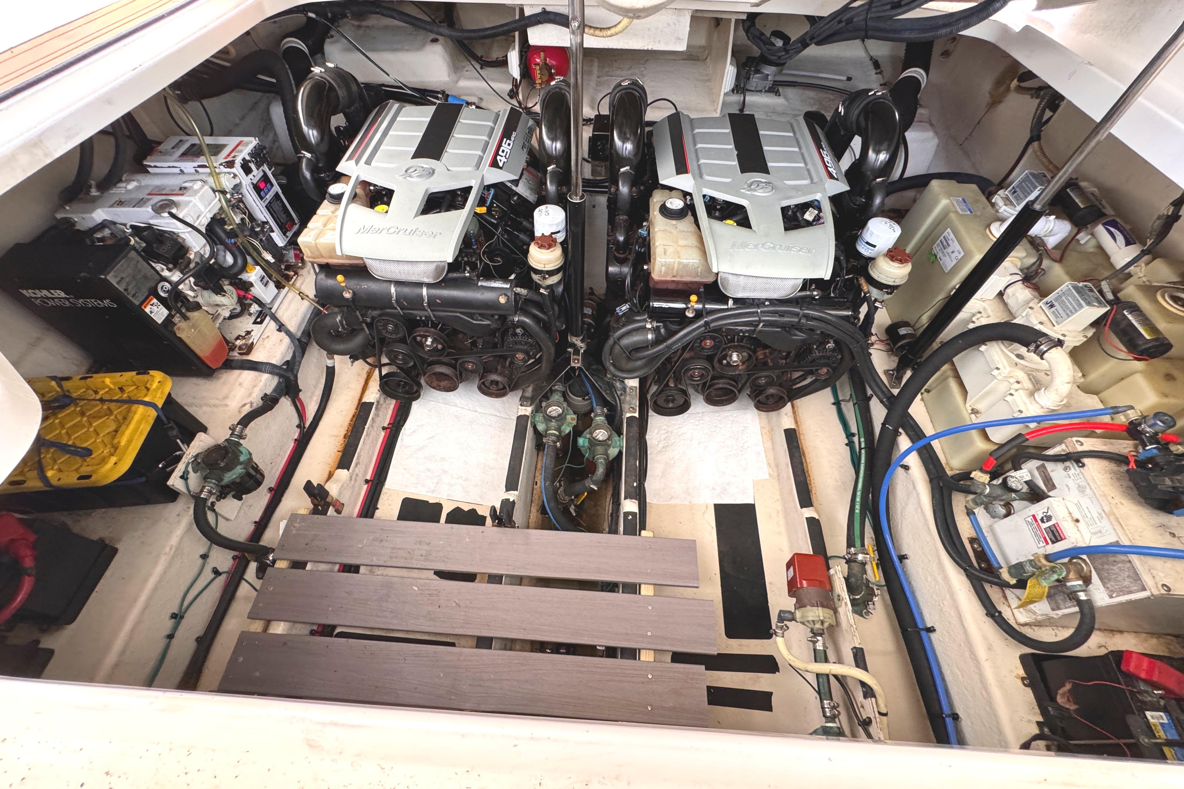 Engine compartment of a 2008 Sea Ray Sundancer 350 with dual MerCruiser engines.