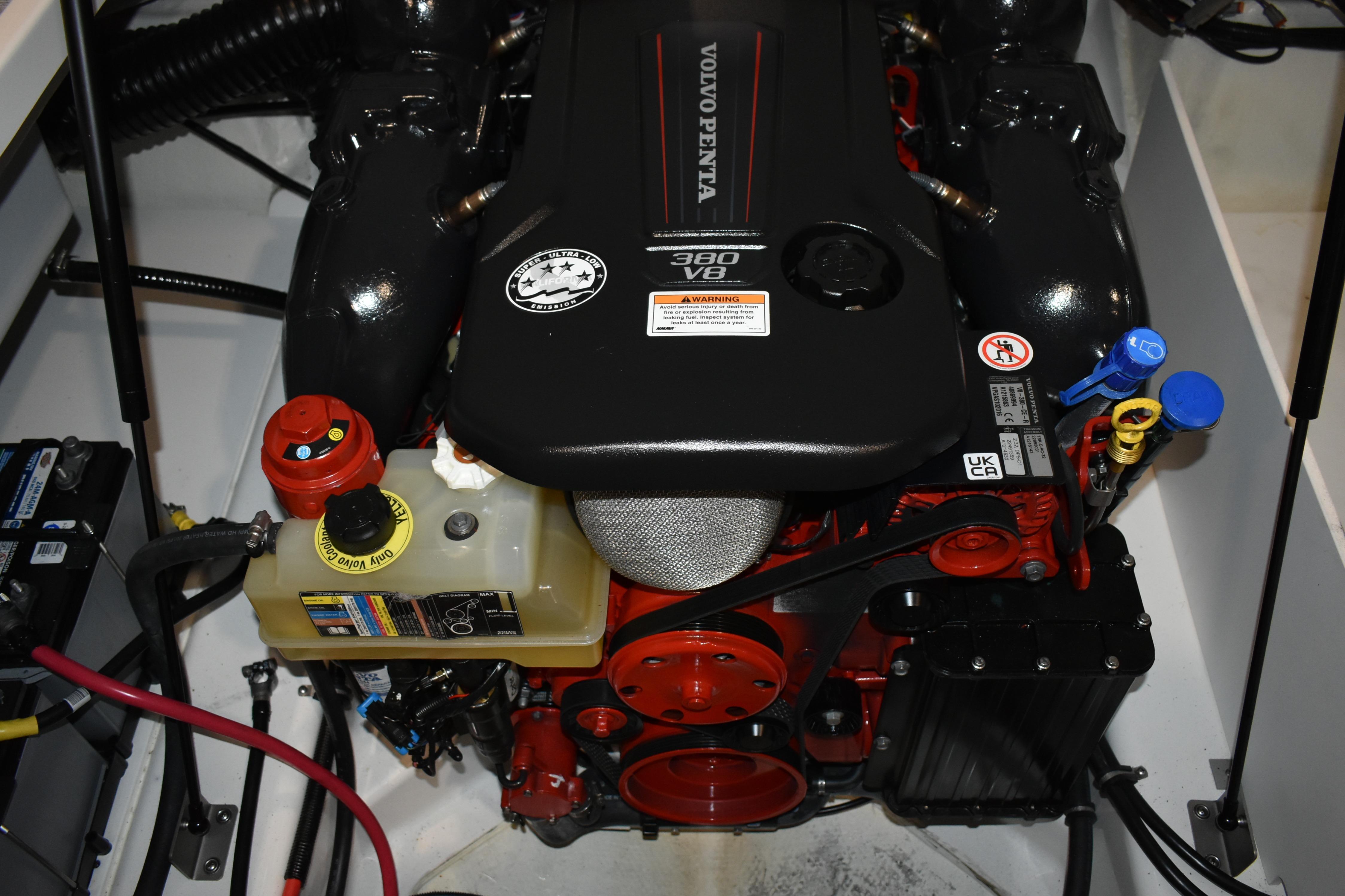Engine compartment of 2023 Cobalt R8 with Volvo Penta 380 V8 engine.