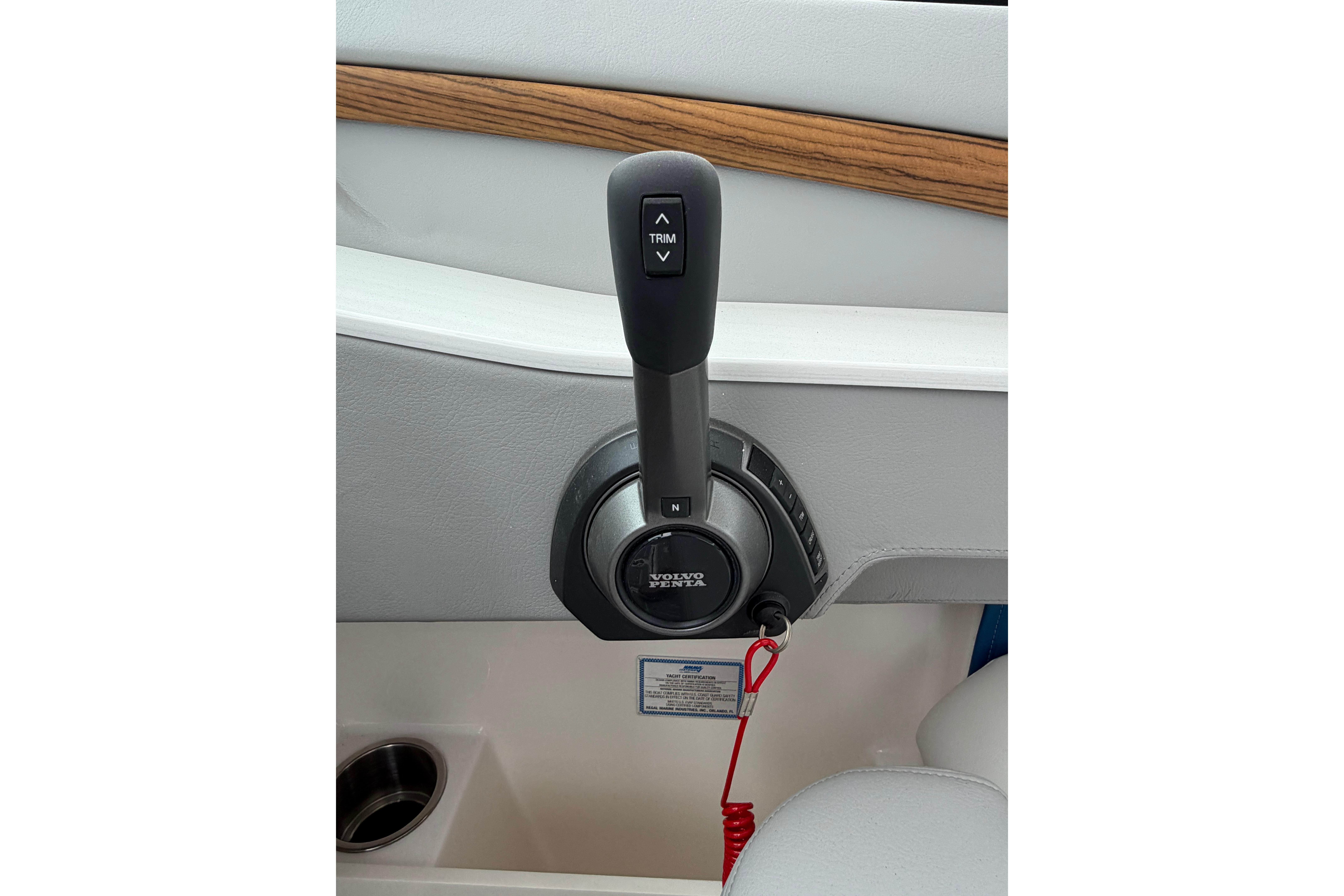 Throttle control of 2026 Regal LS9 Surf boat with Volvo Penta branding.