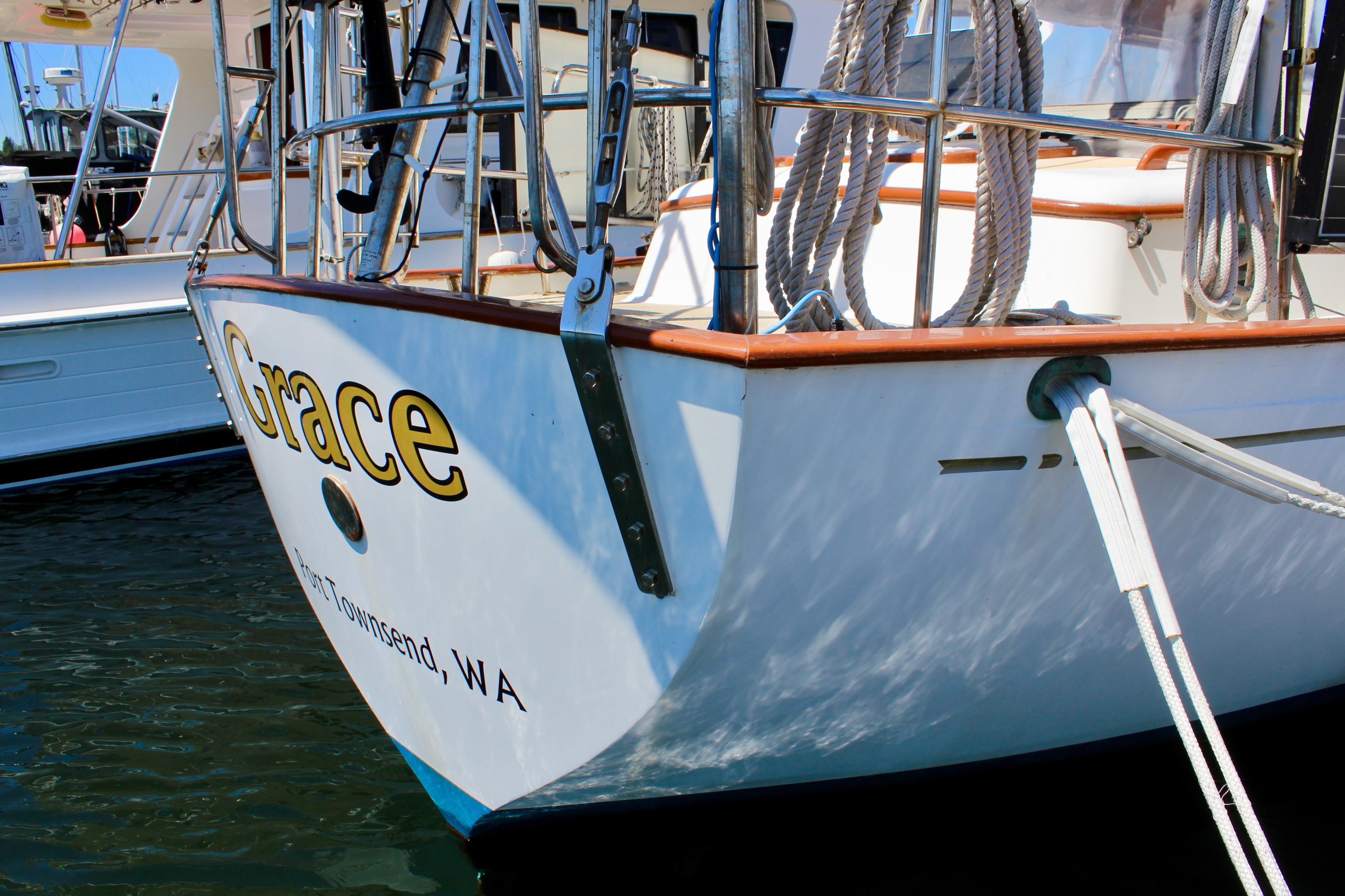 Sailboat "Grace" docked, Kelly Peterson 46 model, 1981, Port Townsend, WA.