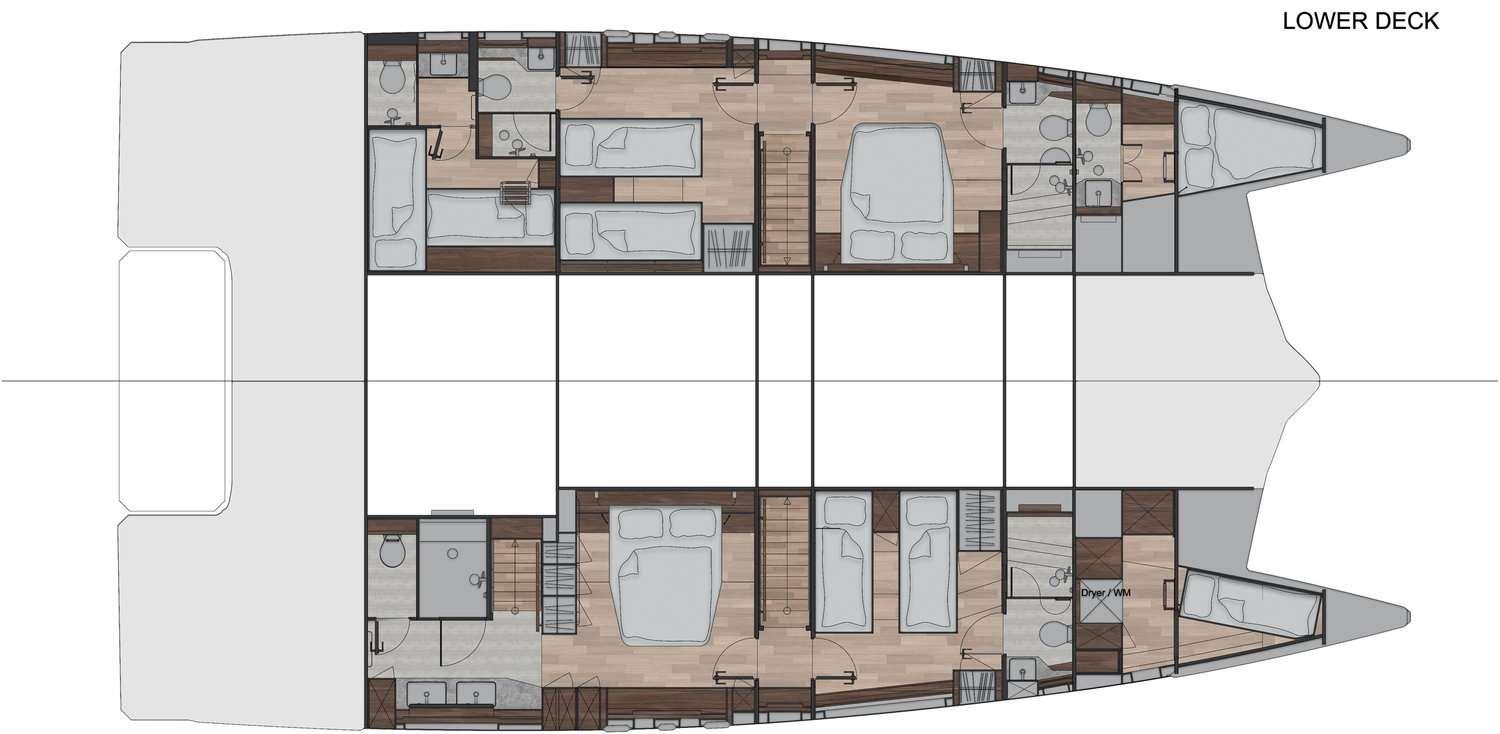 Lower deck layout of a 2026 custom electric solar catamaran, featuring multiple cabins and amenities.