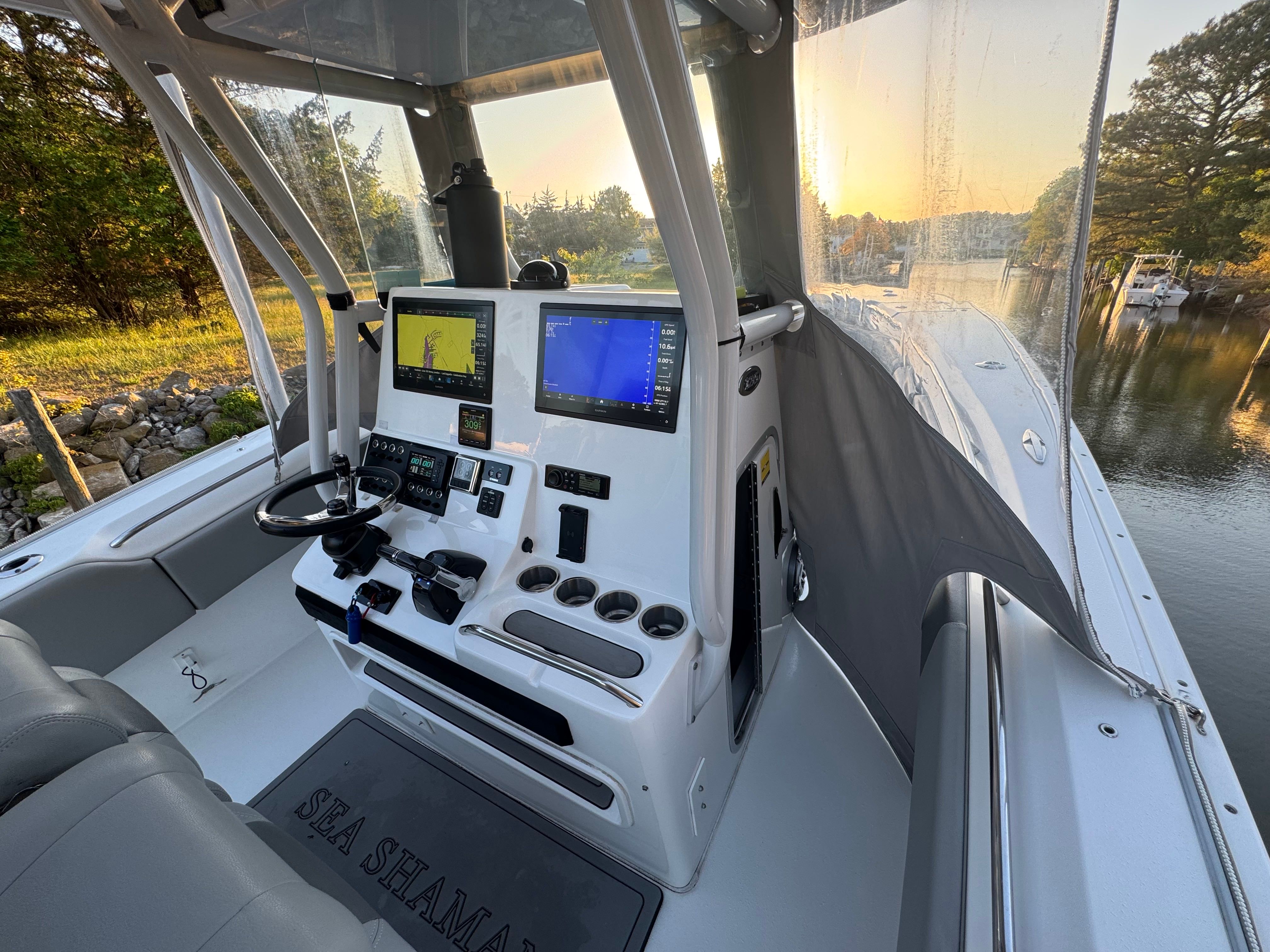 Interior view of 2021 Cape Horn 32 XS boat at sunset.