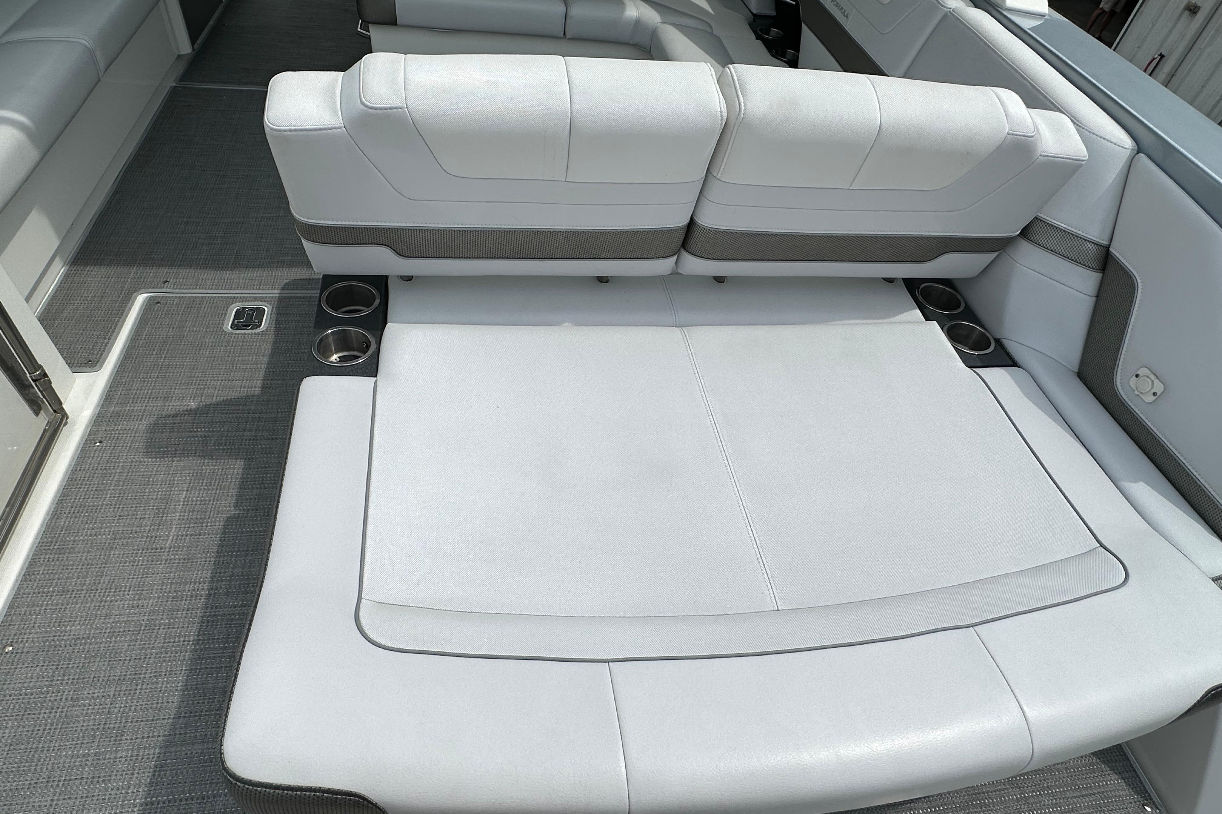 Luxurious seating area on 2021 Formula 380 Super Sport Crossover OB boat.