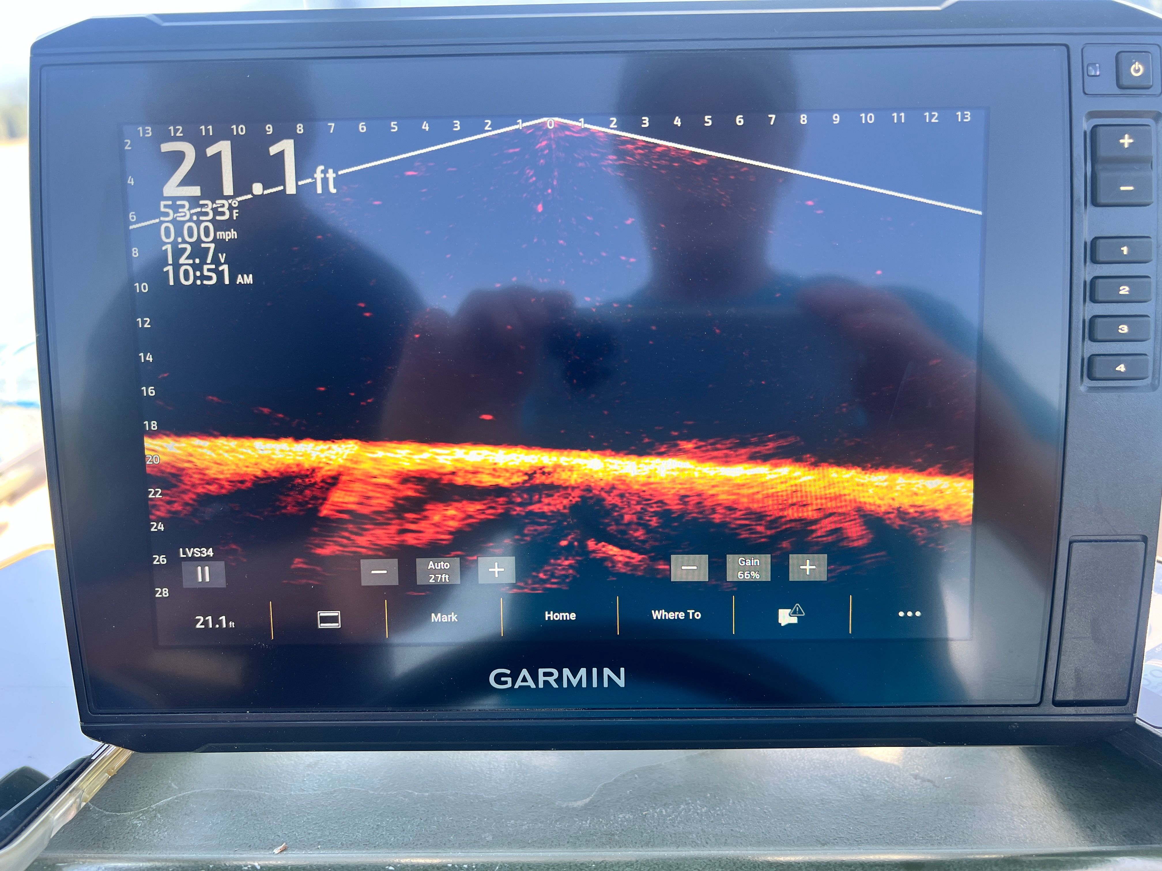Garmin fishfinder on Alumaweld Super Vee boat, 21.1 feet depth.