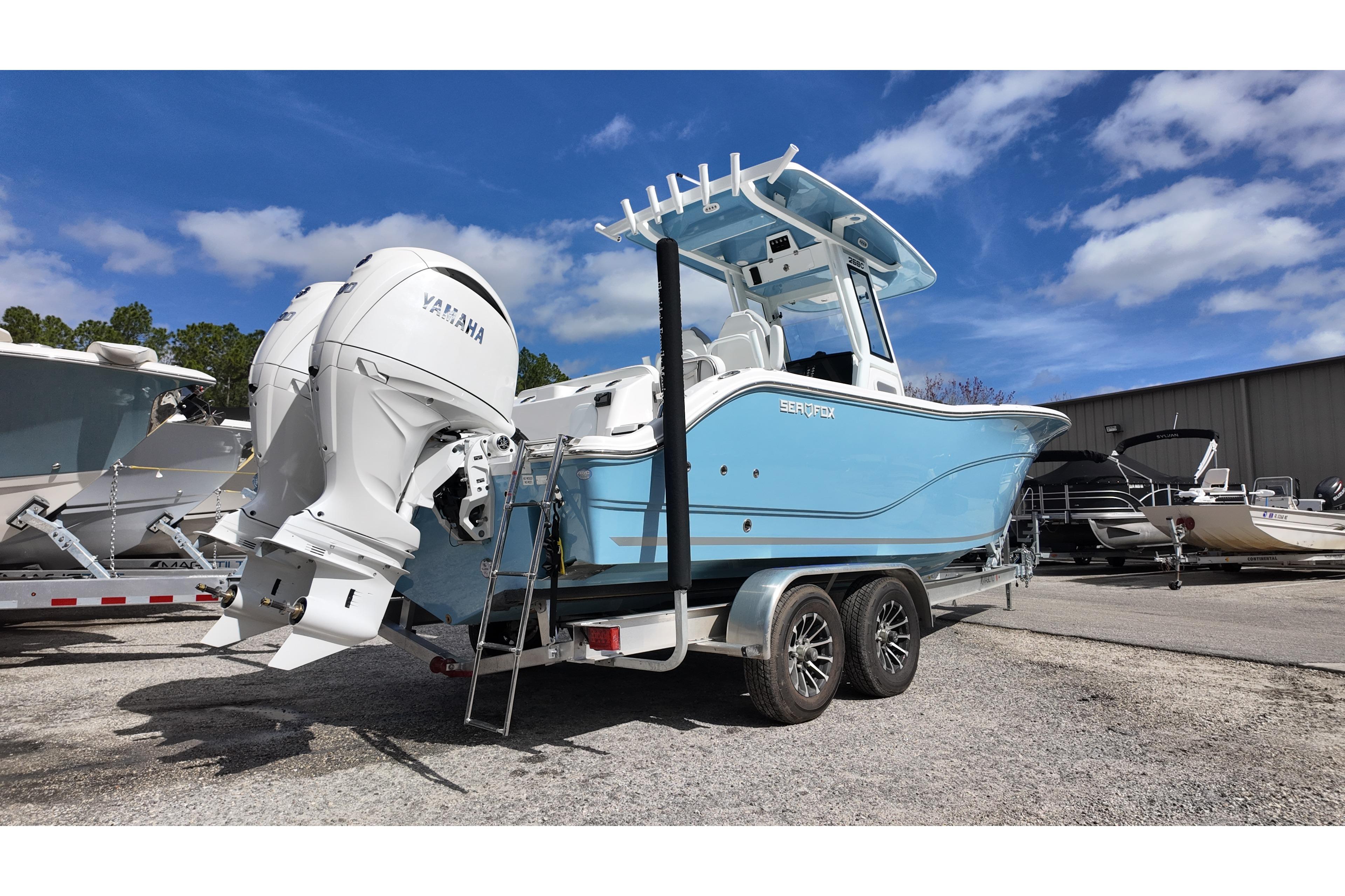 2026 Sea Fox 268 Commander boat on trailer, featuring Yamaha outboard motor.