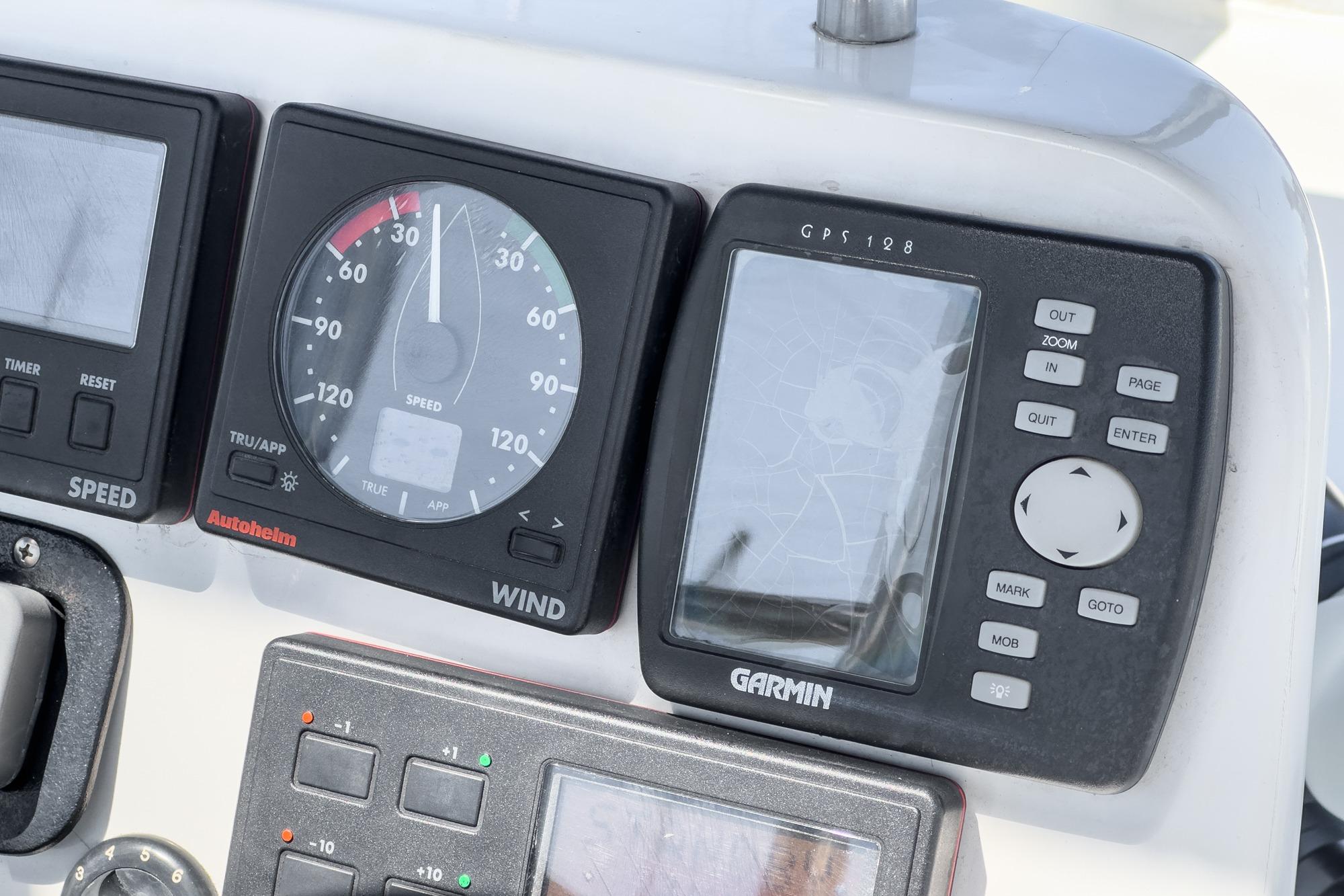 Control panel of a 1996 Hunter 376 sailboat with speed and GPS displays.