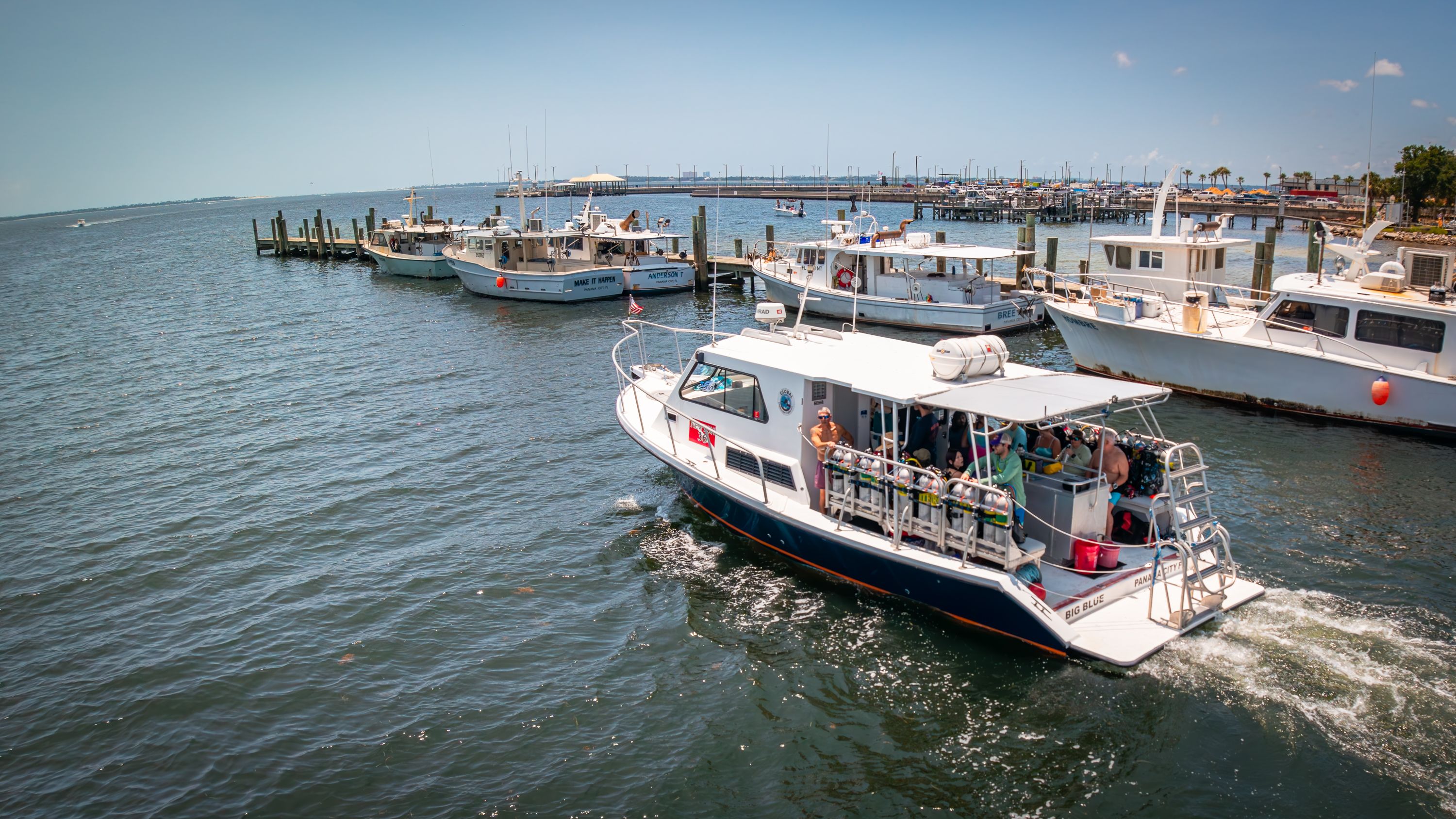 A 2019 Newton 36' Dive Special boat is on the water in a harbor.