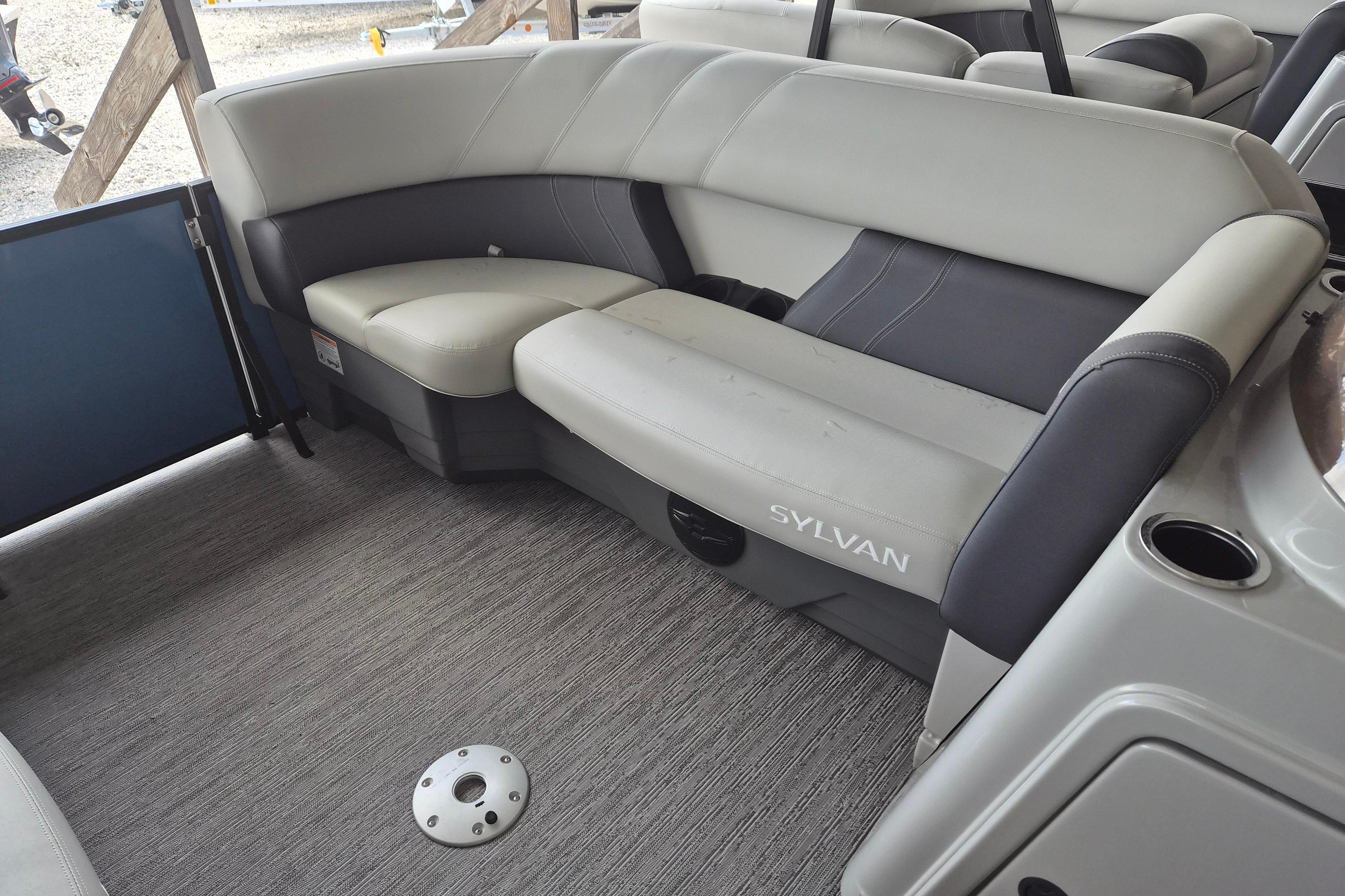 Interior seating of 2026 Sylvan Mirage Fish 820 Party Fish boat.
