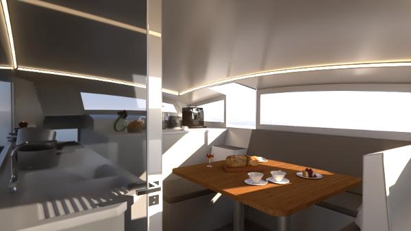 Modern interior of 2024 Catamaran Cruisers Power Cat with dining area and kitchen.