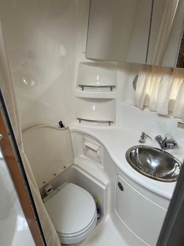 Interior of Chaparral Signature 310 yacht, bathroom with sink and toilet.