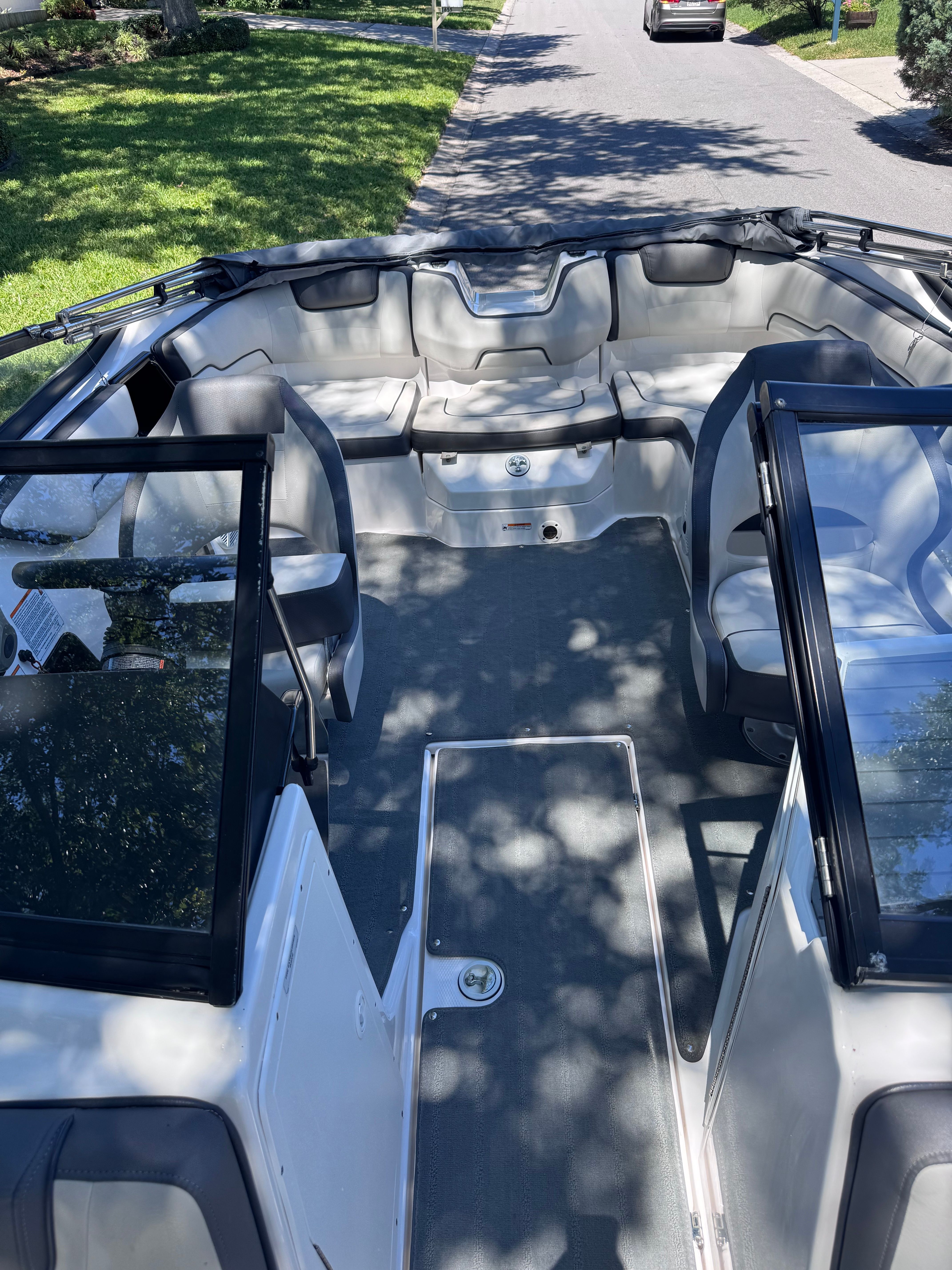 Interior of a 2020 Yamaha SX190 boat, gray upholstery.