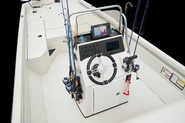 Manufacturer Provided Image: Manufacturer Provided Image: 2025 Ranger RB210 boat console with steering wheel, fishing rods, and navigation display.