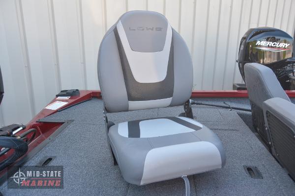2024 Lowe Stinger 195 Bass boat seat with Mercury engine in background.