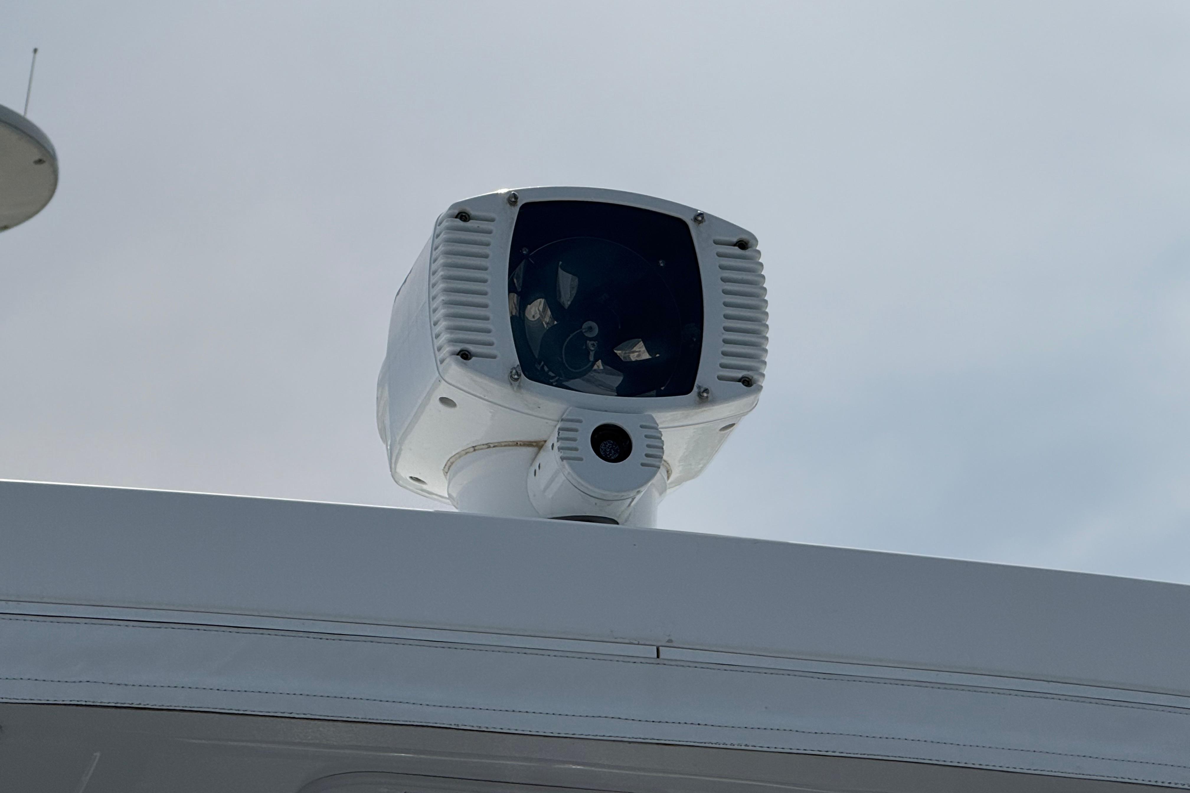 Security camera on a 2009 Nordhavn N64 yacht, mounted on the exterior.