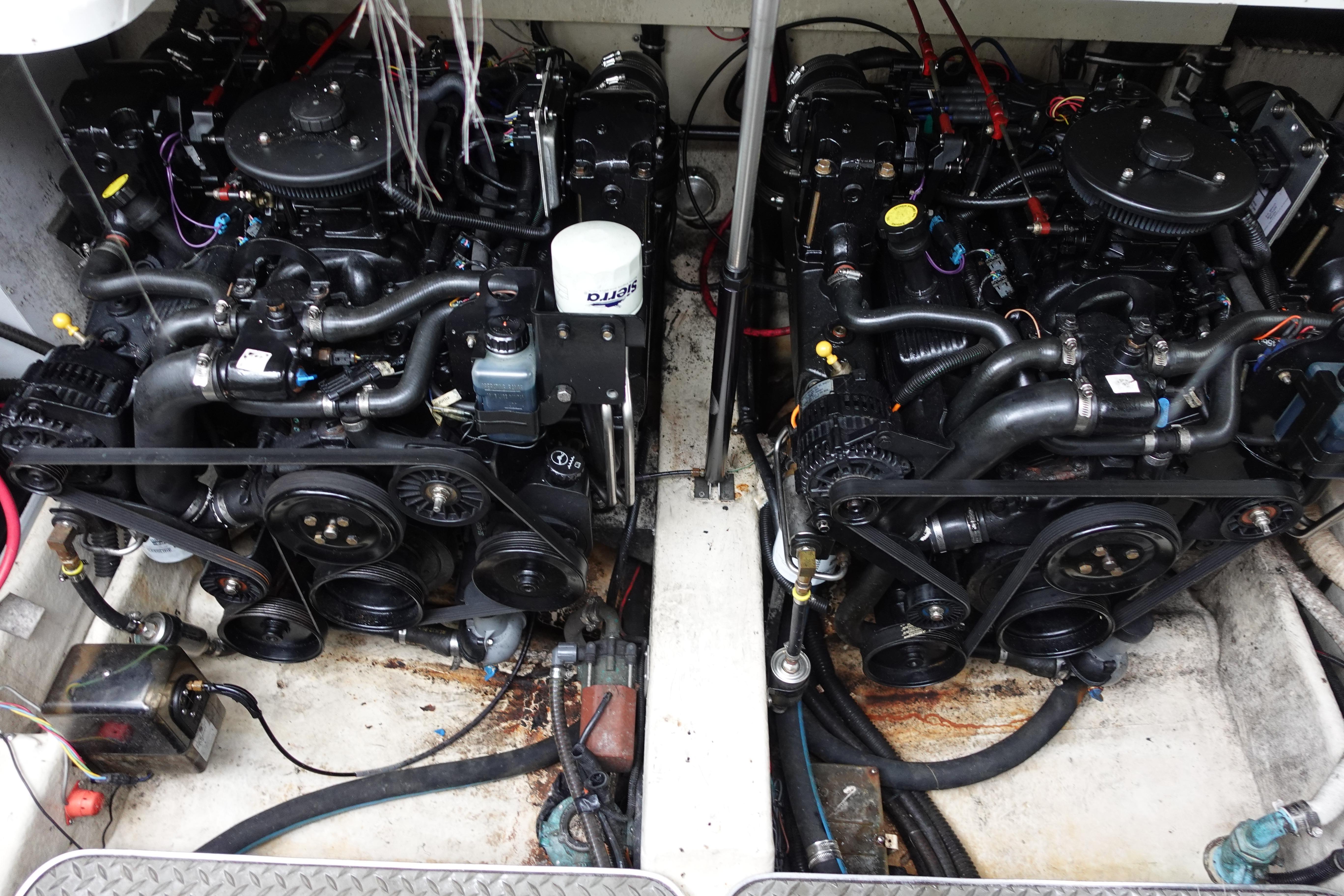 Engine compartment of a 1993 Formula 34 Performance Cruiser with dual engines.