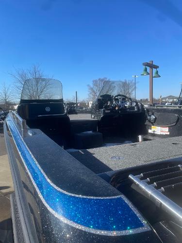 2025 Nitro ZV19 boat with blue accents, featuring dual windshields and a spacious deck.