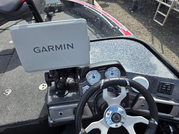 Steering wheel and Garmin display on 2025 Nitro ZV-20 SPORT boat dashboard.