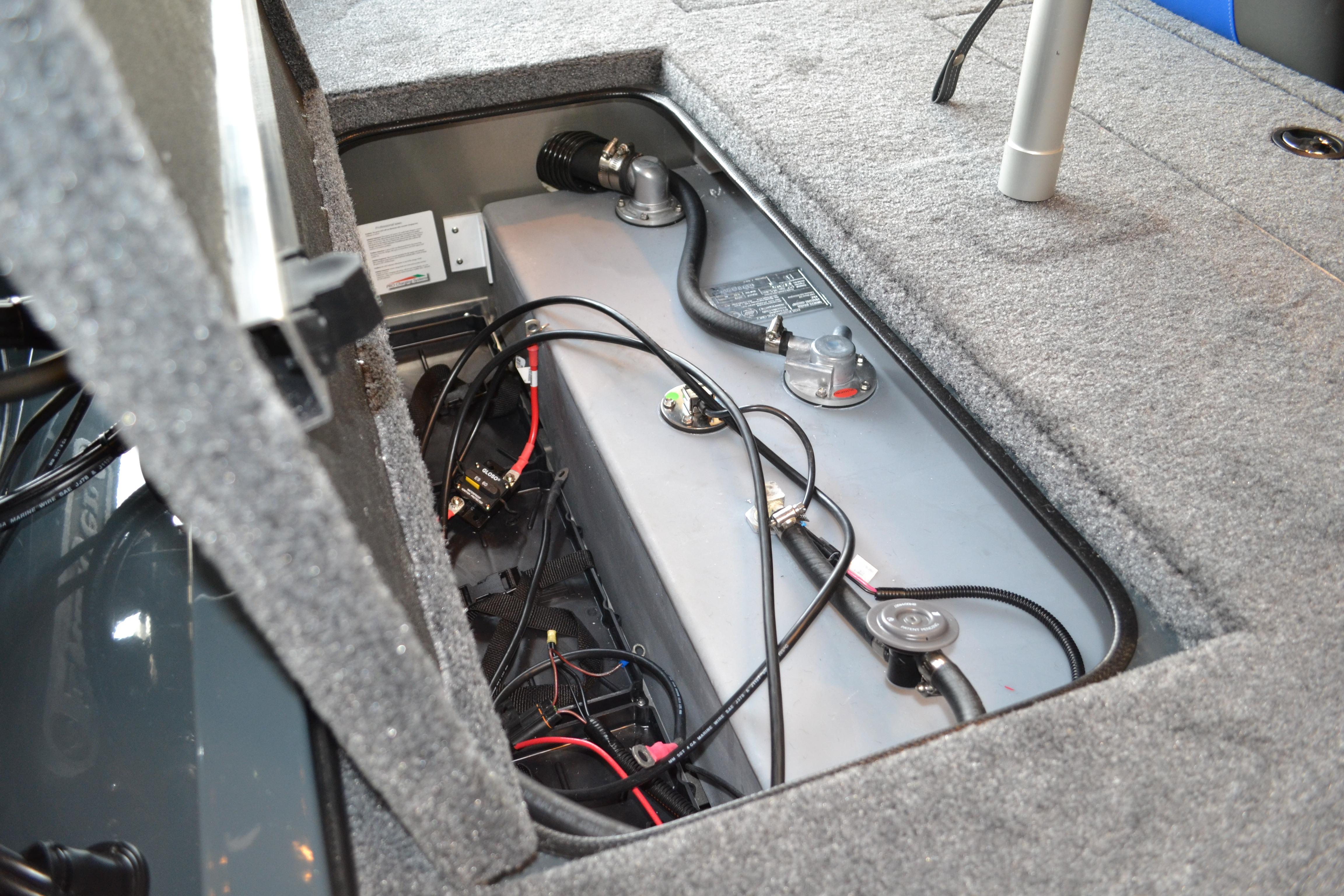2026 Ranger RT178C boat storage compartment with wiring and components.