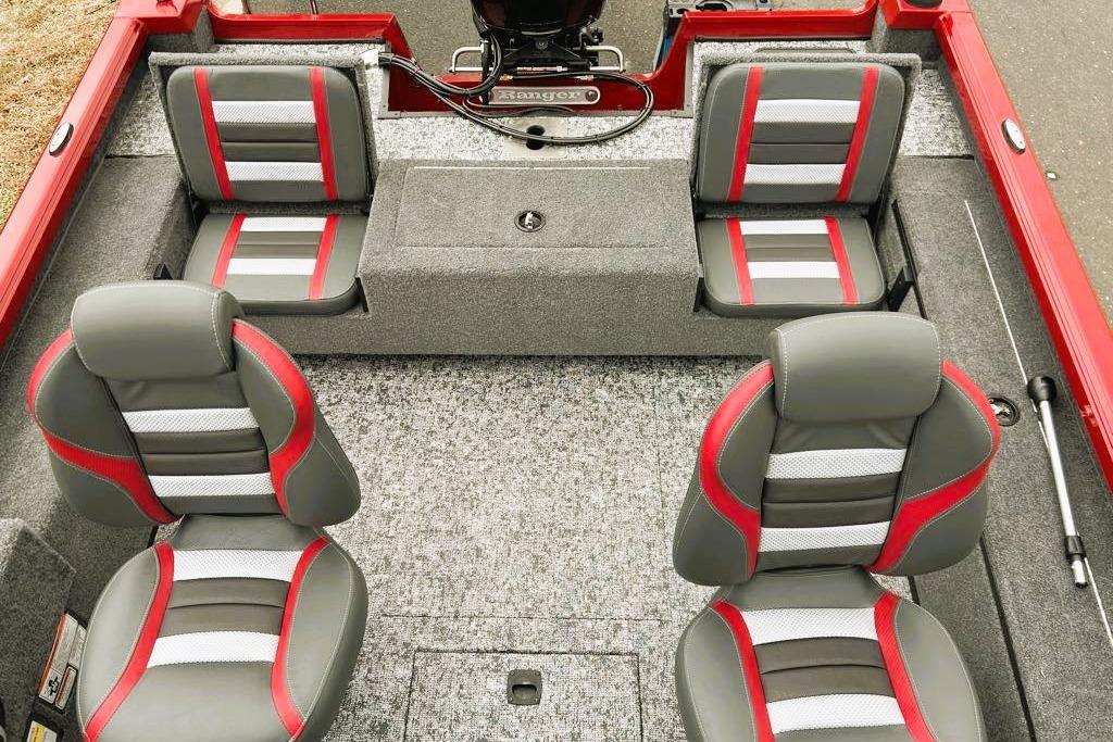 2026 Ranger VS1782SC Reata boat interior with gray and red seating.