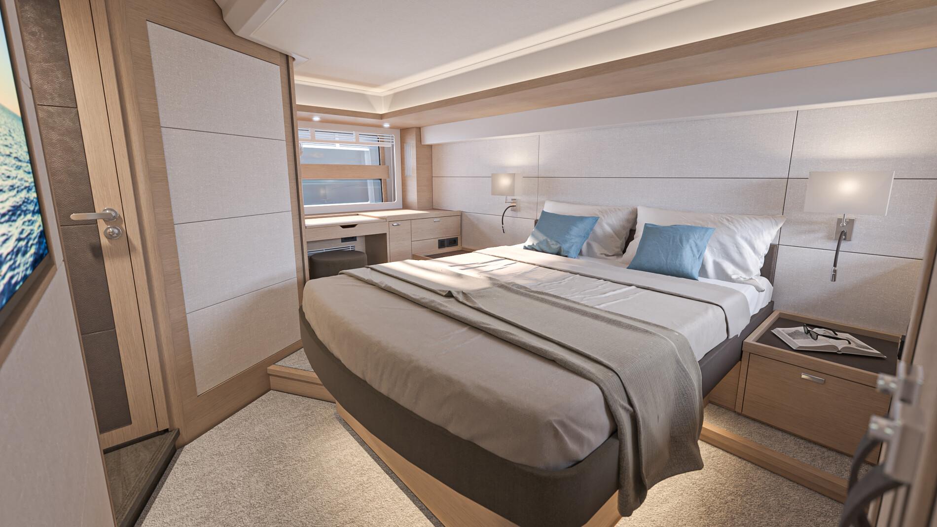 Luxurious bedroom interior of 2025 Beneteau Swift Trawler 54, featuring modern design and cozy ambiance.