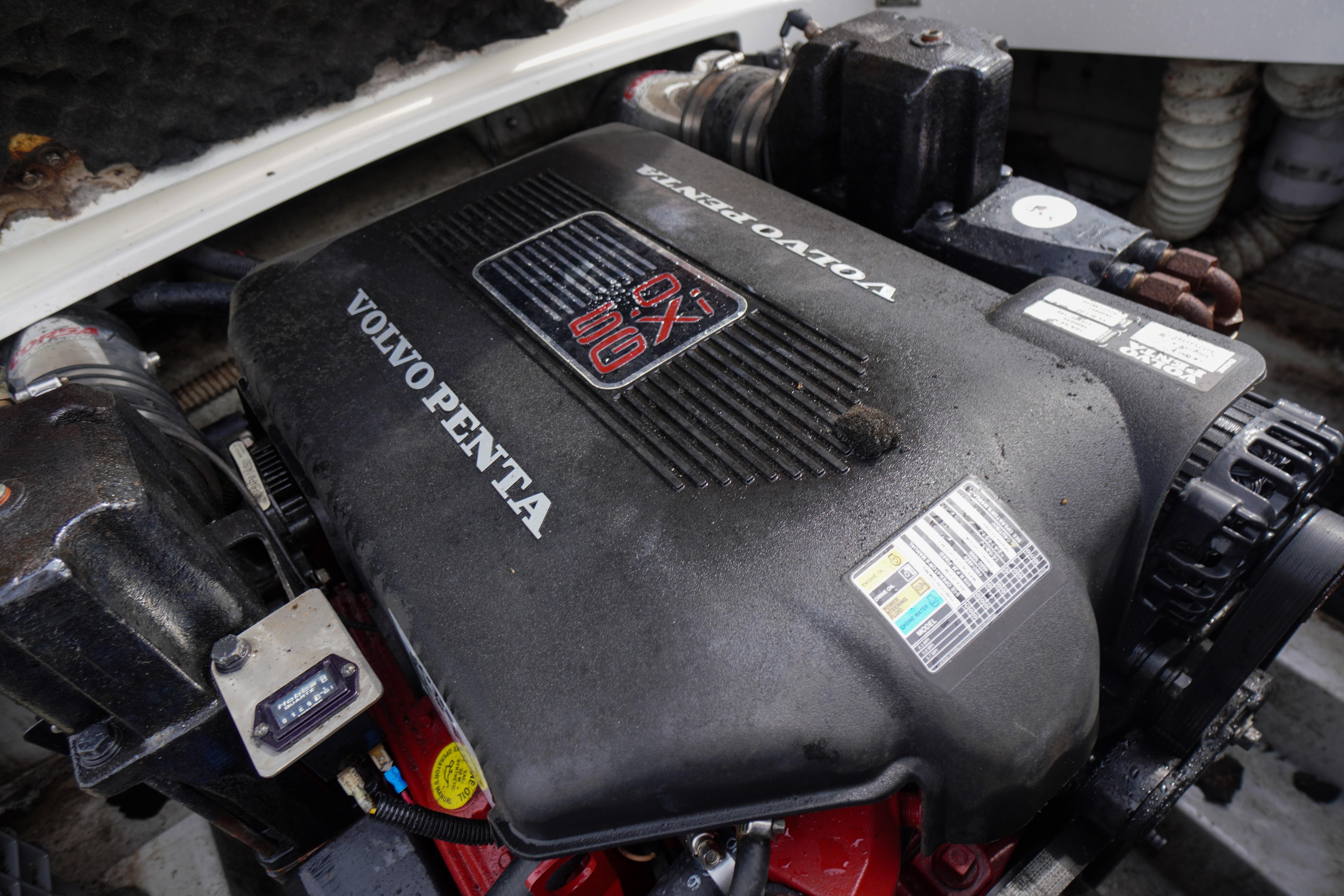 Volvo Penta engine in 2005 Chris Craft Speedster Heritage boat, close-up view.