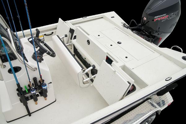 Manufacturer Provided Image: Manufacturer Provided Image: 2025 Ranger RB210 boat interior with fishing rods, steering console, and Mercury engine.