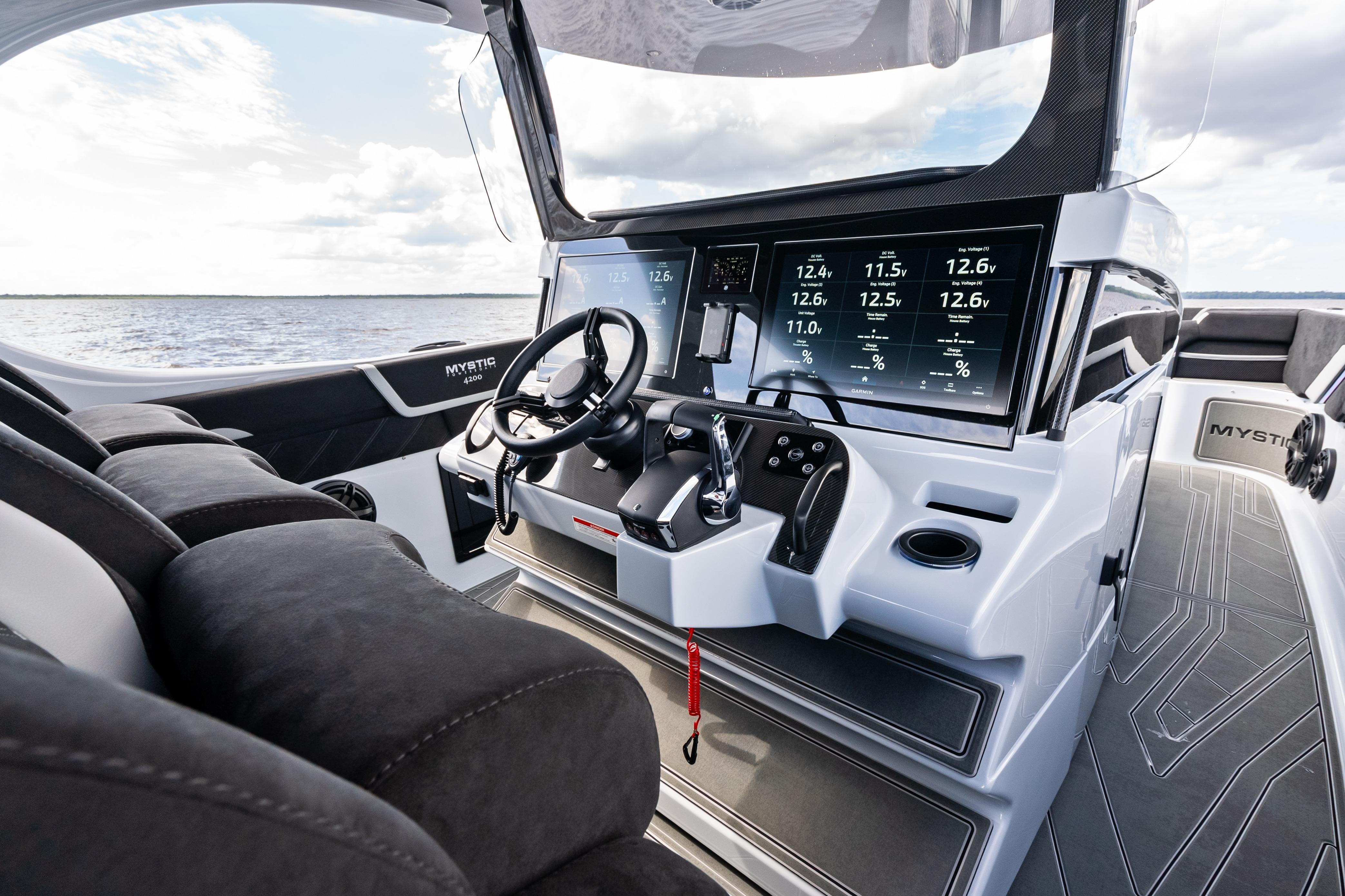 Interior of 2027 Mystic Powerboats M4200, featuring advanced navigation displays and sleek design.