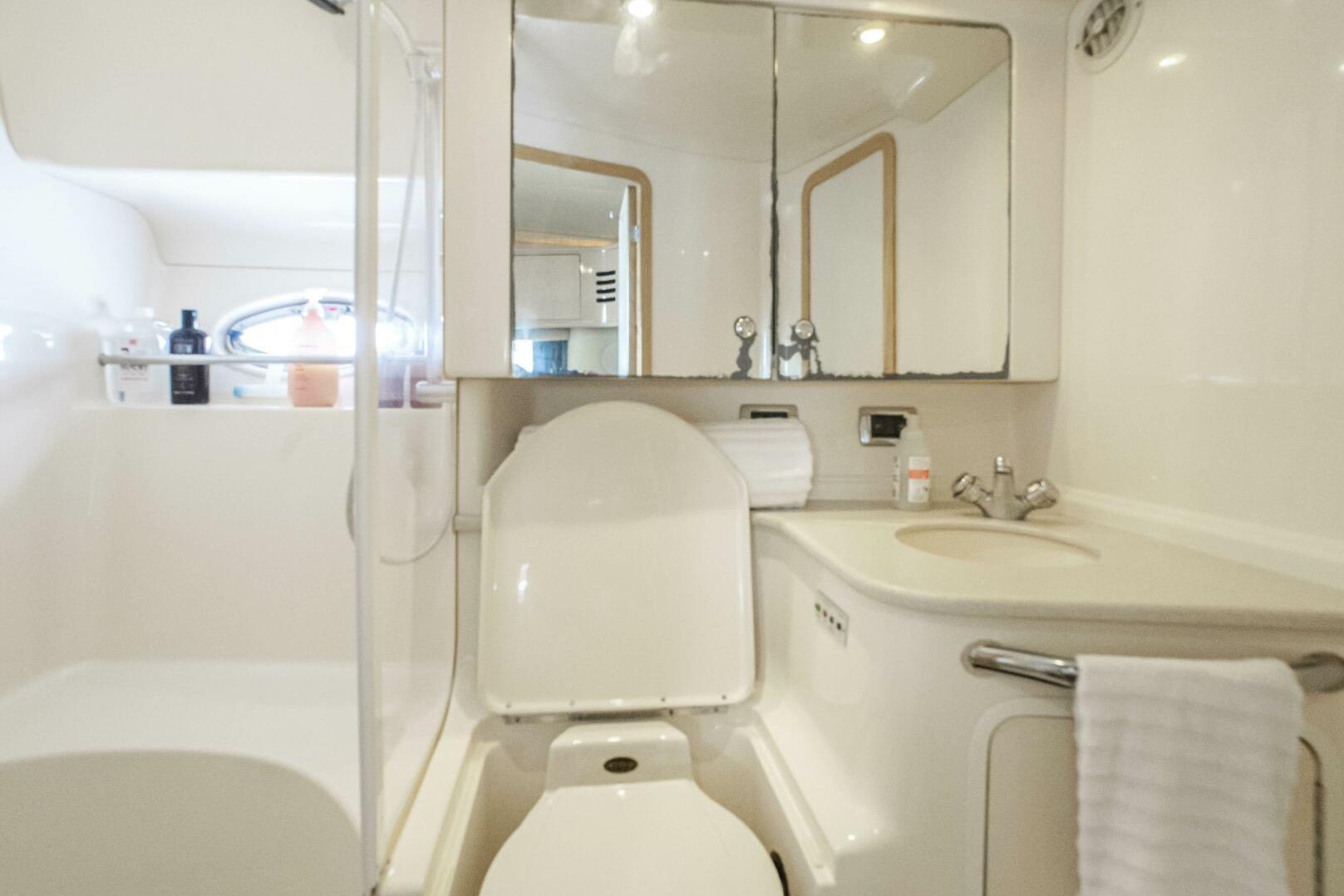 Bathroom interior of 2003 Sea Ray Sundancer 460 yacht, featuring toilet, sink, and mirror.