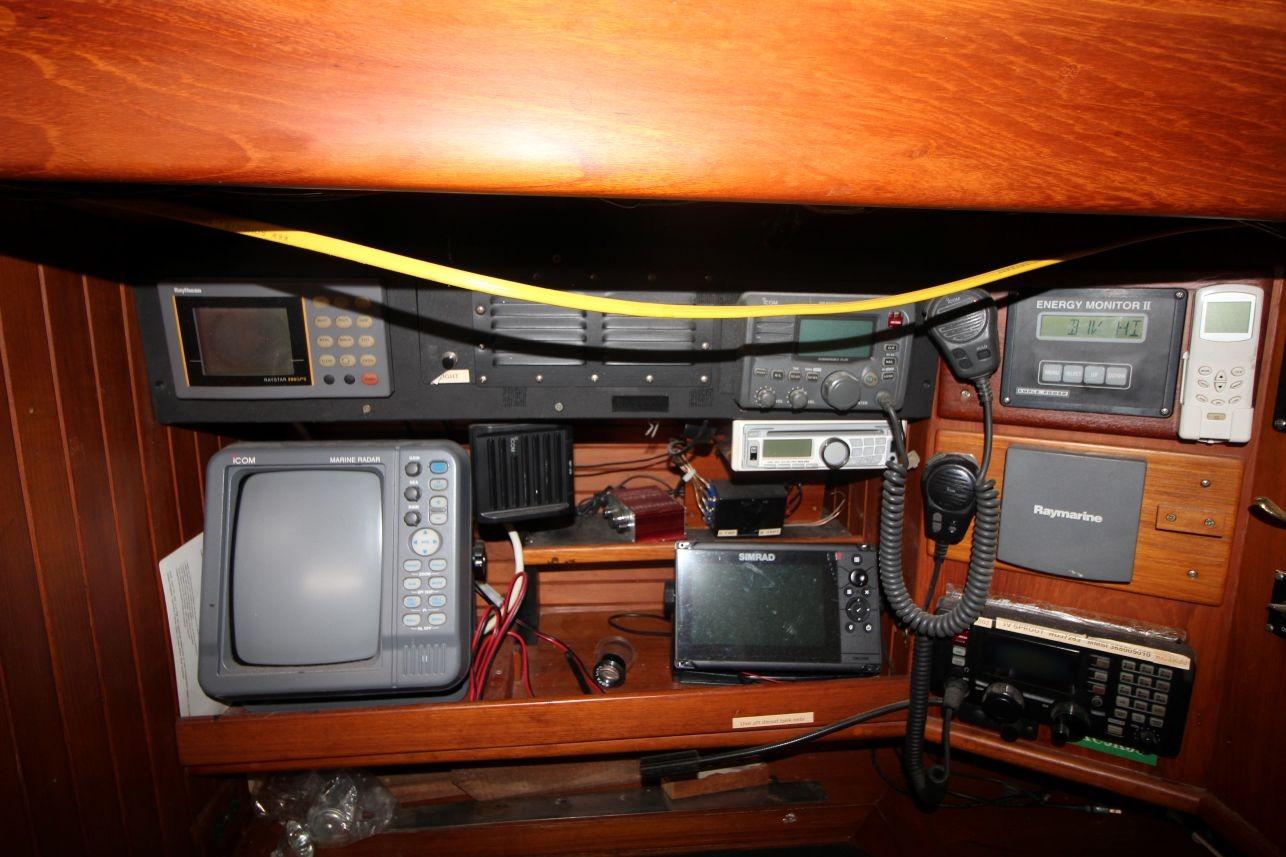 Navigation and communication equipment on a 1985 Passport 47 sailboat.