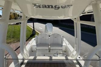 2025 Ranger 2510 Bay boat, rear view, showcasing seating and sleek design.