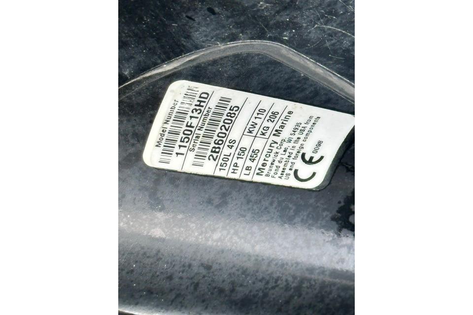 Label on Mercury Marine engine, model 1150F13HD, serial 2B602085, for Sun Tracker Party Barge 22 XP3.