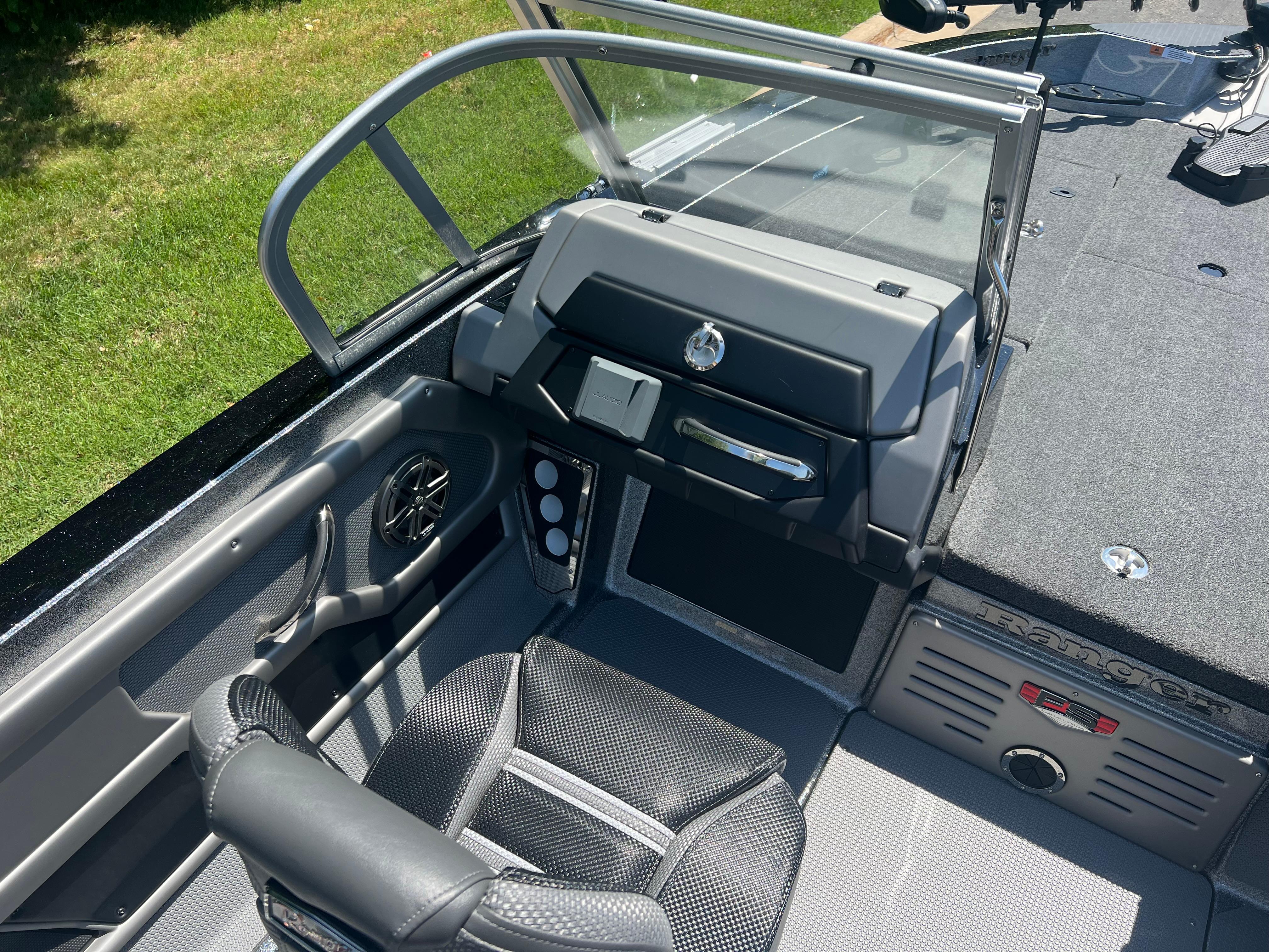 2025 Ranger 621FS Cup Equipped boat interior with modern dashboard and seating.