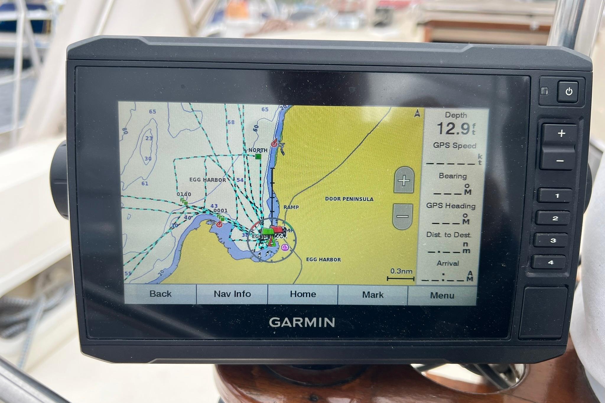 Garmin GPS displaying nautical map on a 1998 Sabre 362 sailboat.