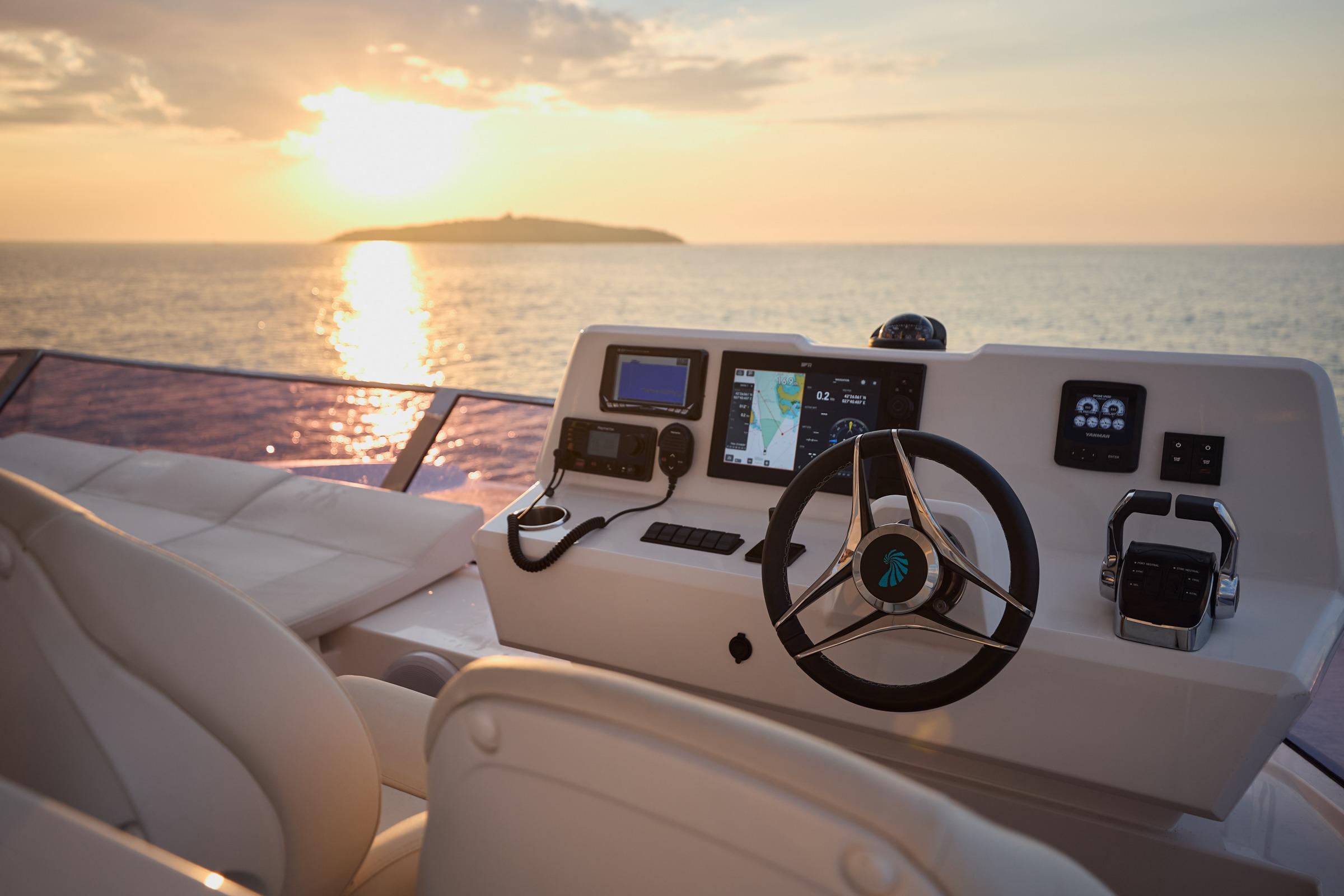 Omaya 50 yacht helm at sunset, 2026 model.