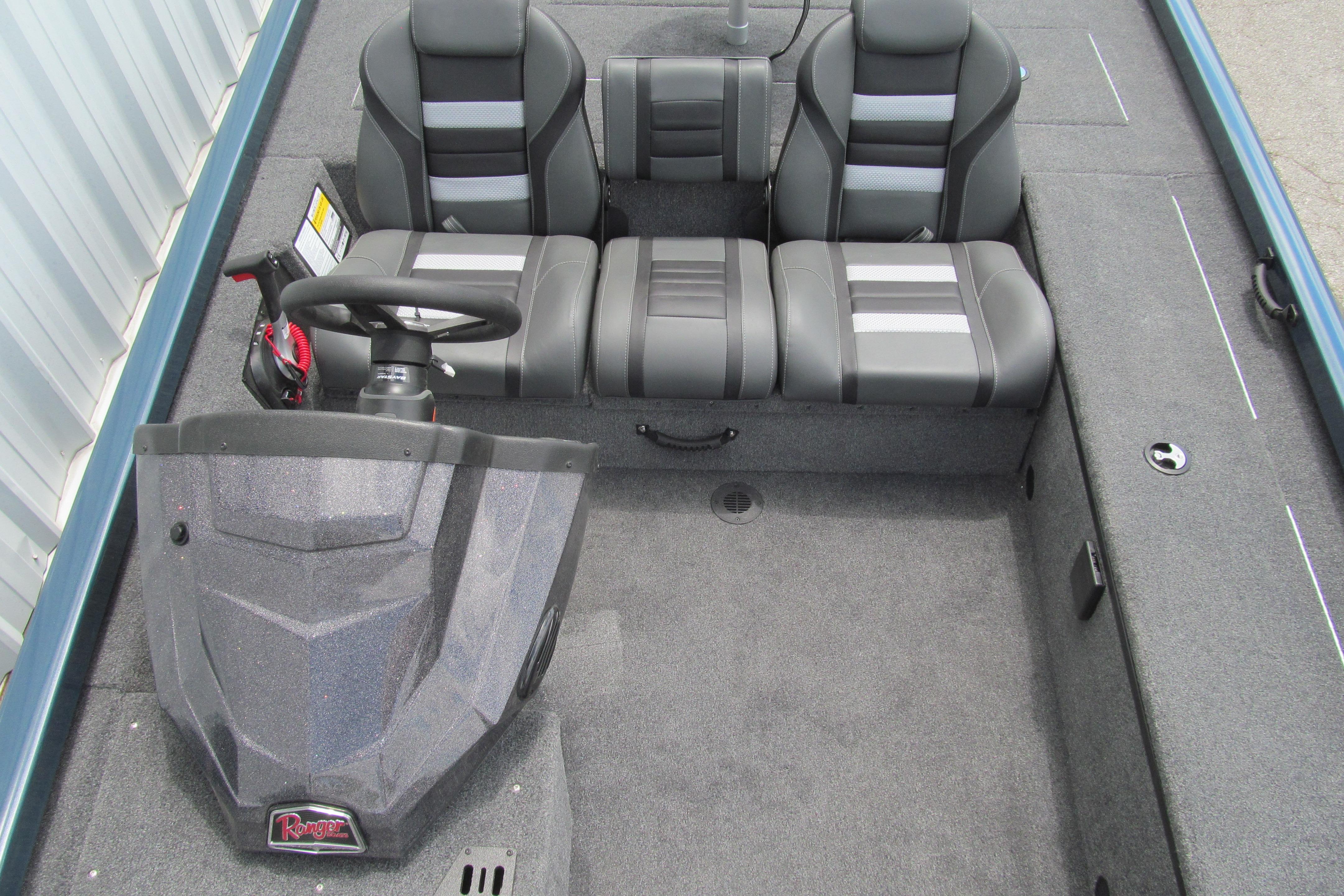 2026 Ranger RT188C boat interior with gray seating and steering console.