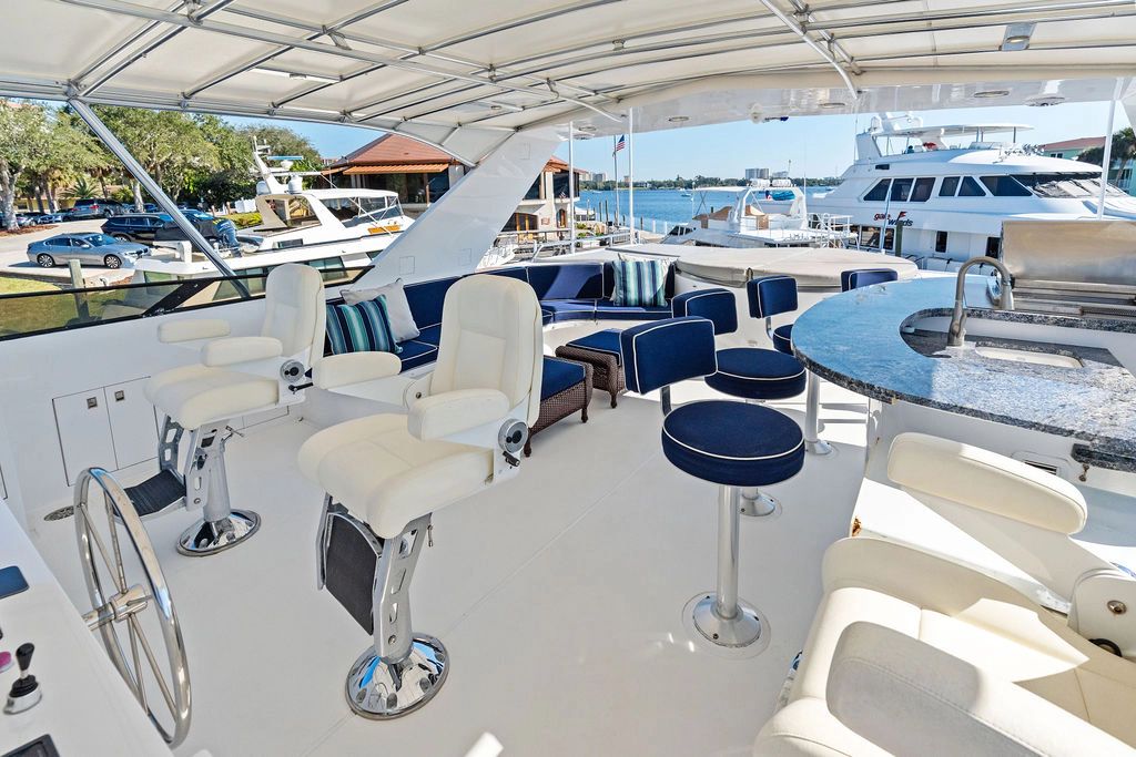 Luxurious interior of a 1999 Westport 112 yacht docked at marina.