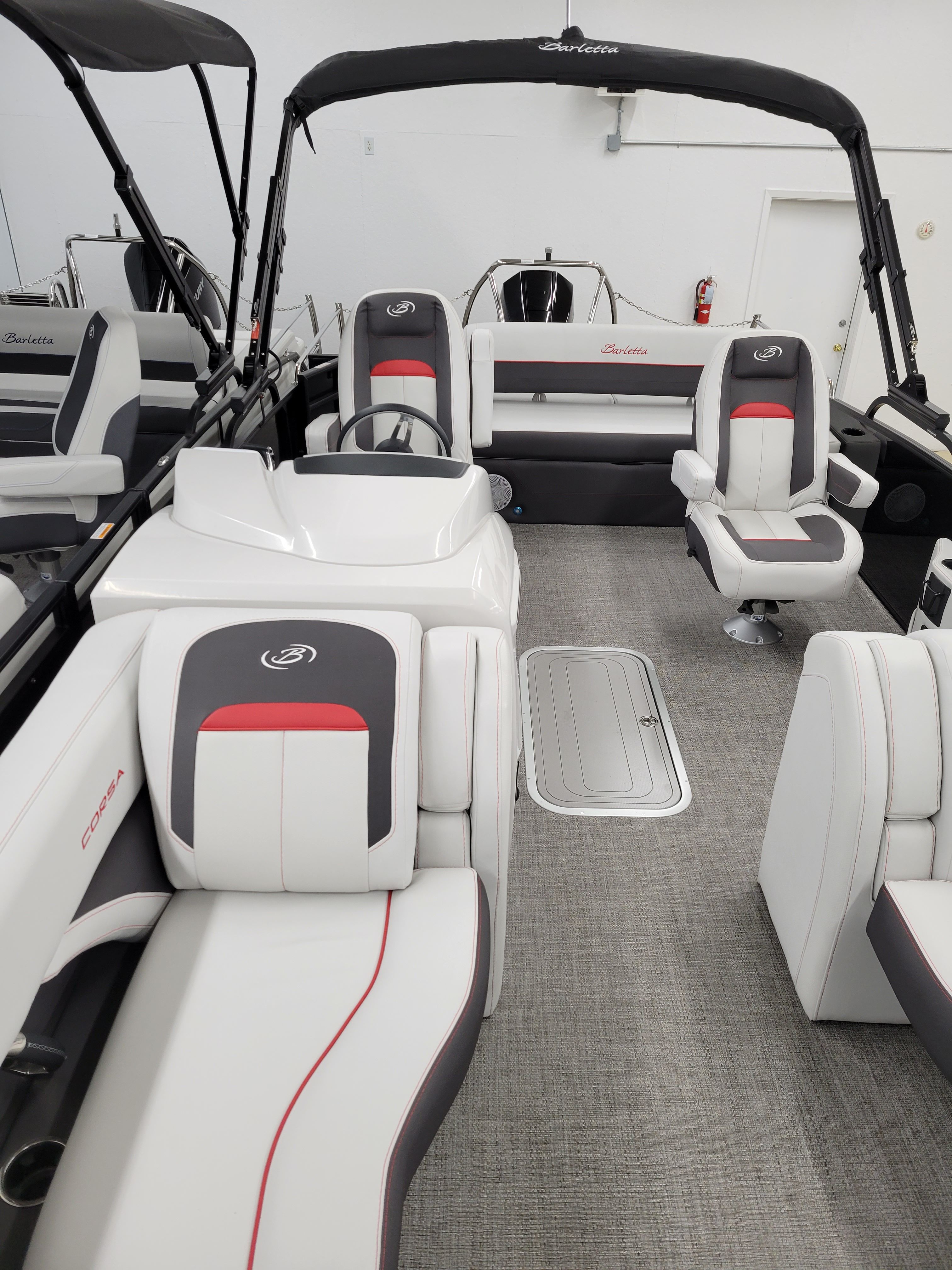 Interior of a 2022 Barletta Corsa 23UC pontoon boat.