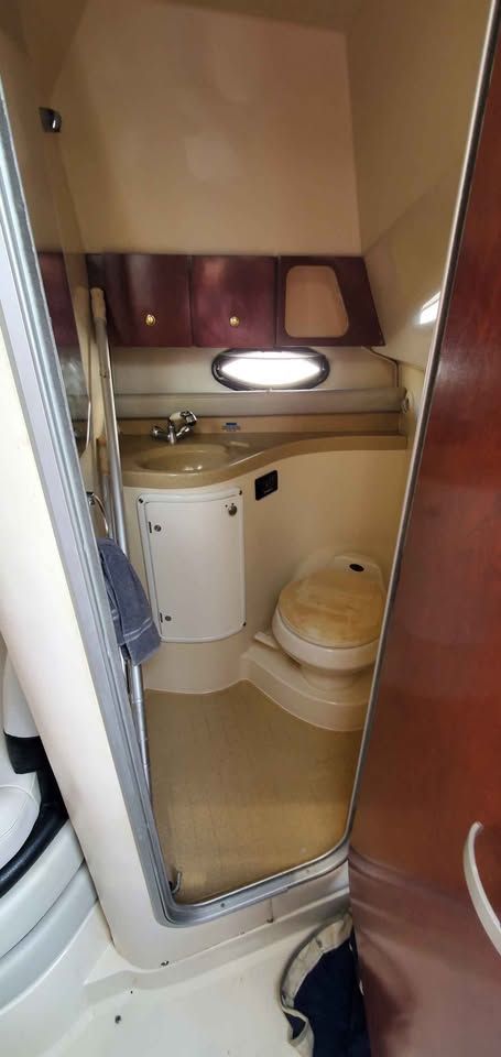 Interior of the 2002 Wellcraft 3300 Martinique with sink and toilet.